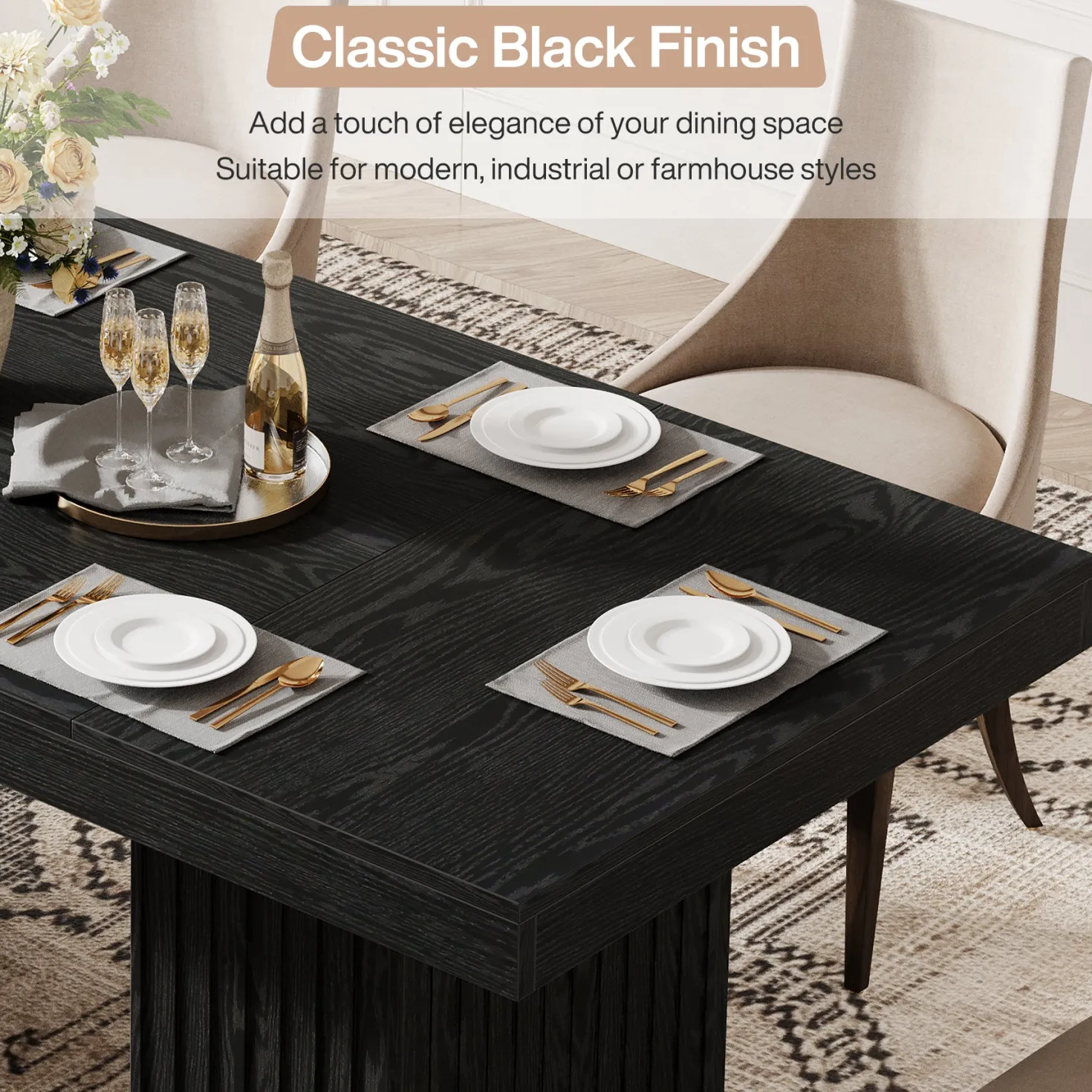 63" Dining Table for 4-6 People, Rectangular Kitchen Table with Double Pedestal