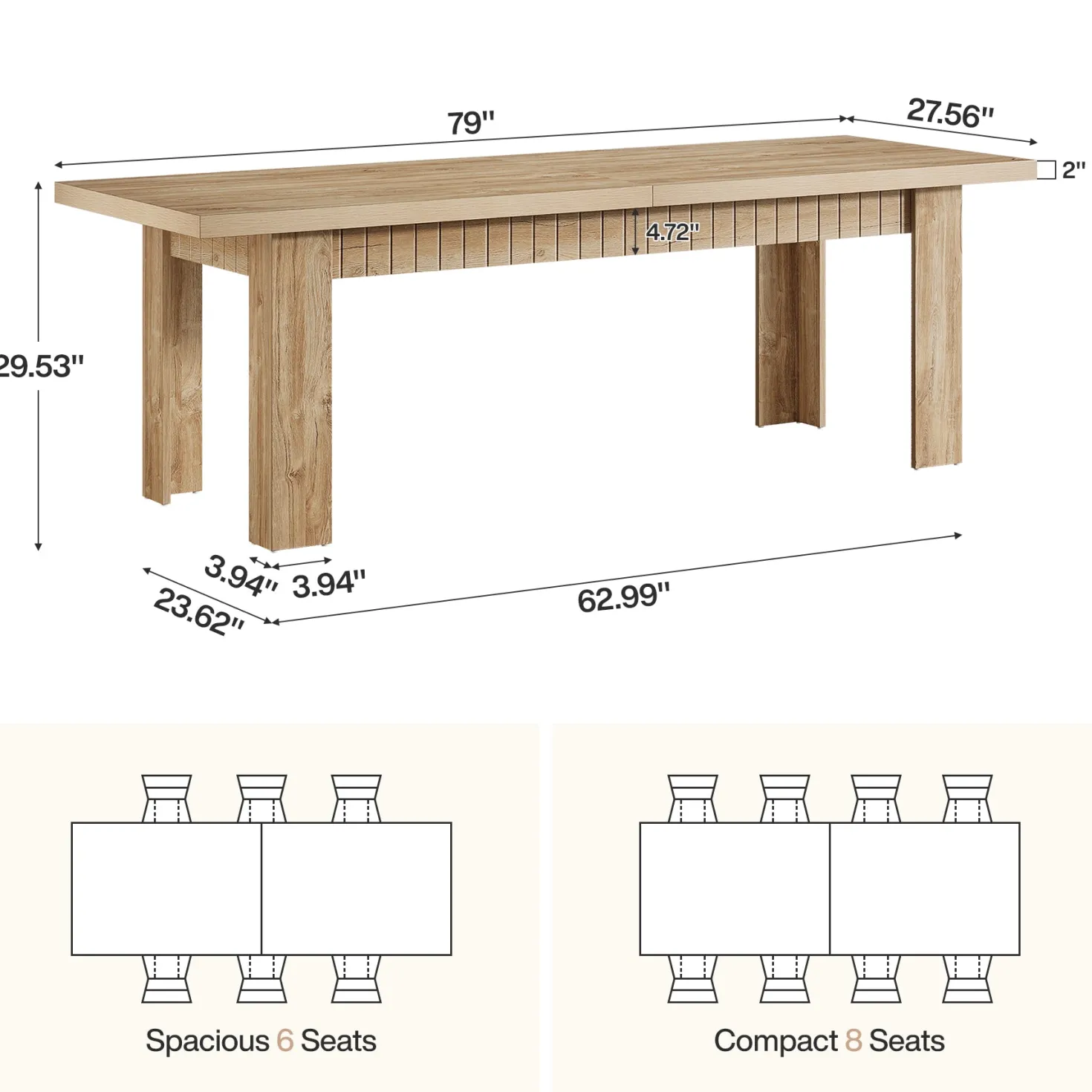 79" Dining Table for 6-8 People, Rectangular Kitchen Table for Dining Room