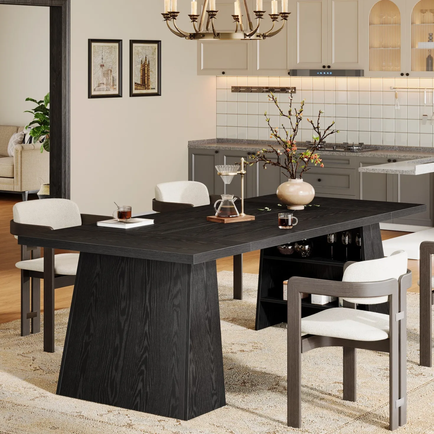 63" Dining Table for 4-6 People, Modern Kitchen Table with Storage Shelves
