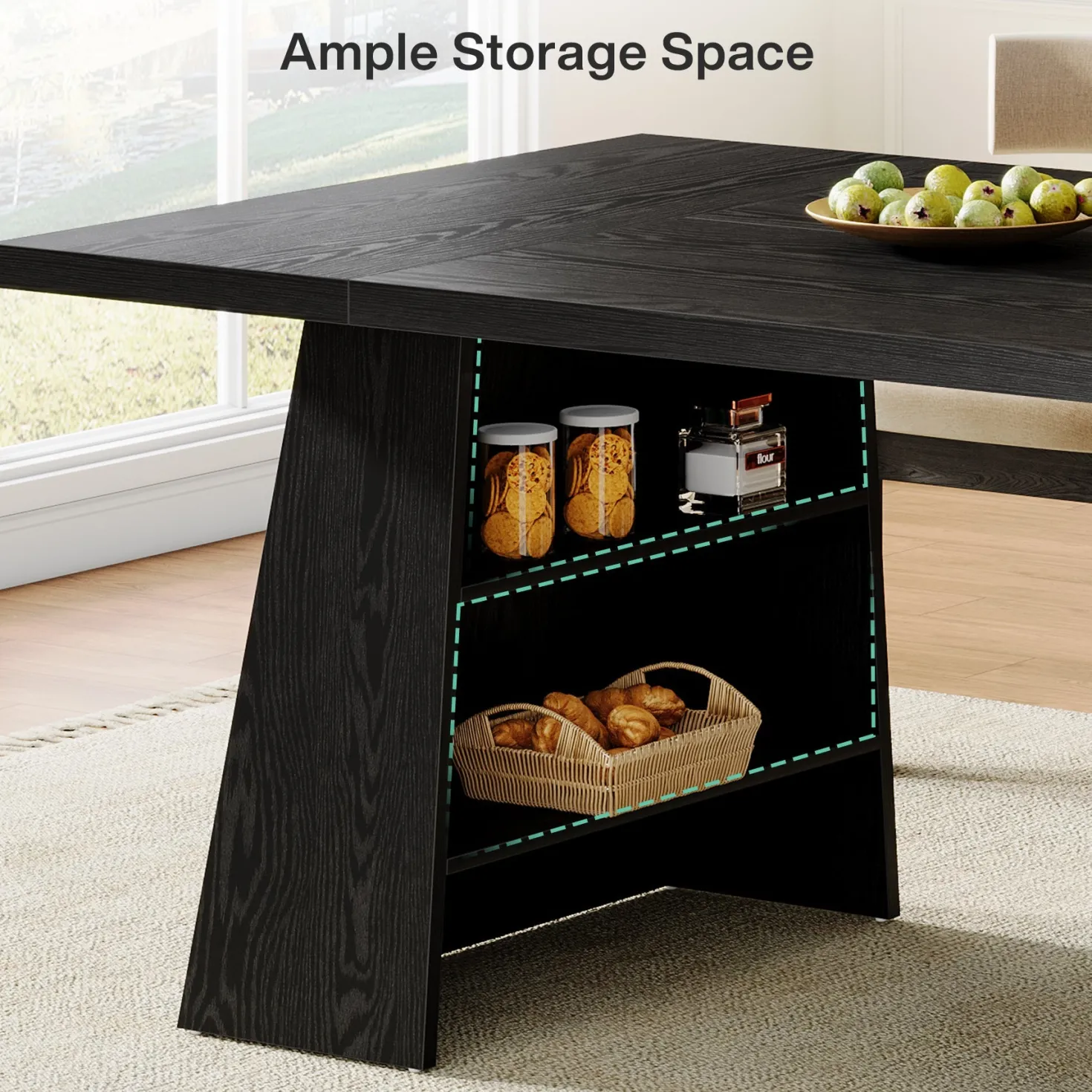 63" Dining Table for 4-6 People, Modern Kitchen Table with Storage Shelves
