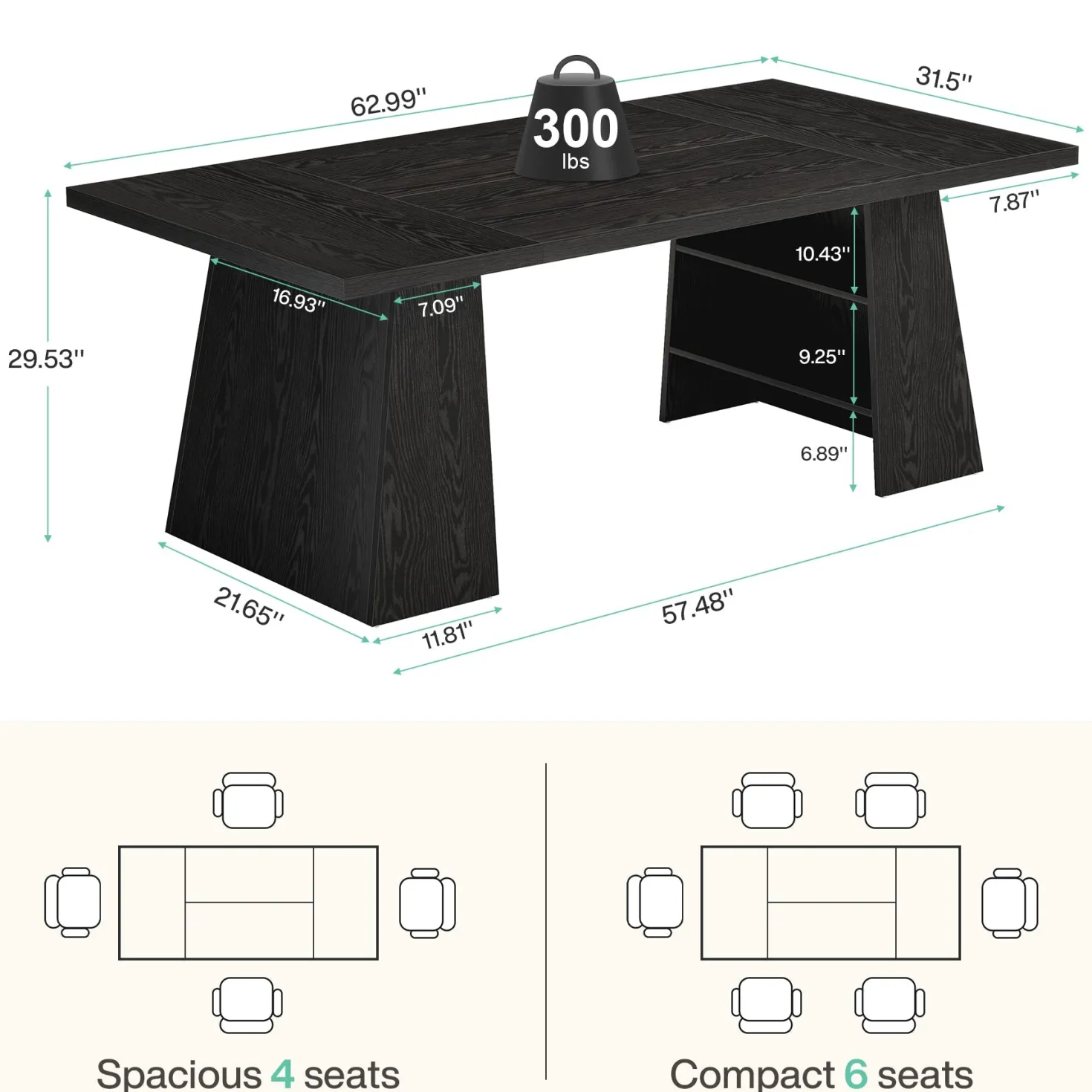 63" Dining Table for 4-6 People, Modern Kitchen Table with Storage Shelves