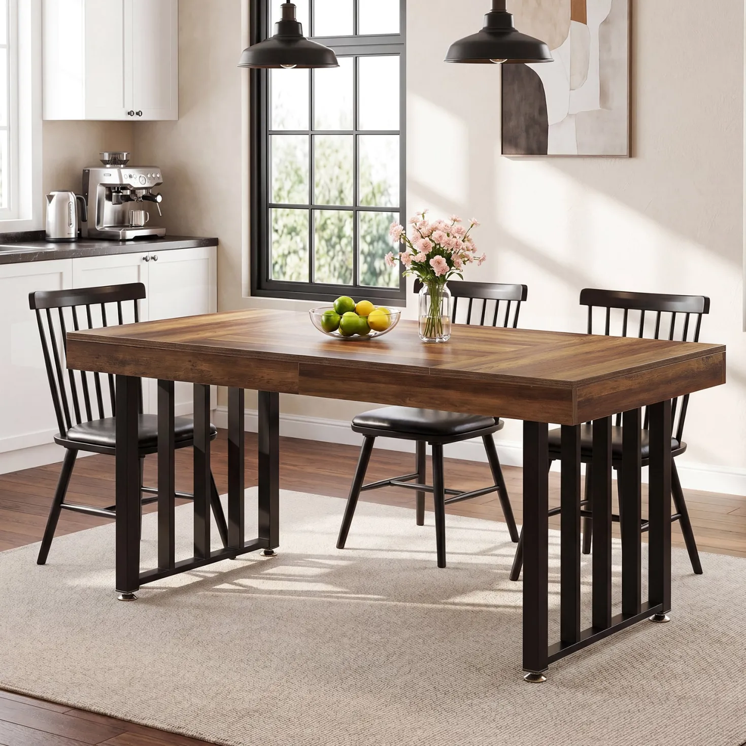 55.12" Dining Table for 4-6 People, Rectangle Kitchen Table with Metal Frame