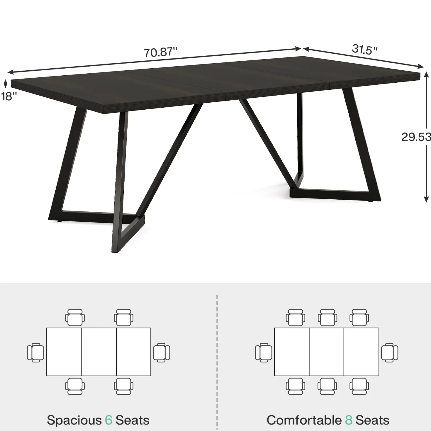 70.8" Dining Table, Modern Rectangular Kitchen Table for 6-8