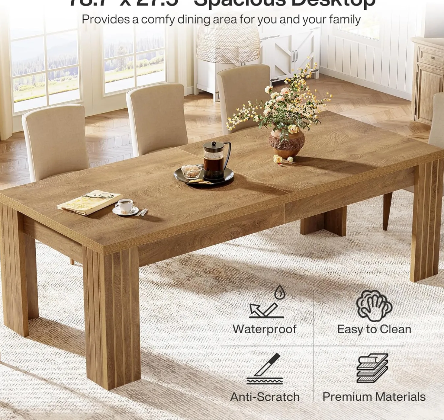 78.7" Dining Table, Rectangle Kitchen Dinner Table For 6
