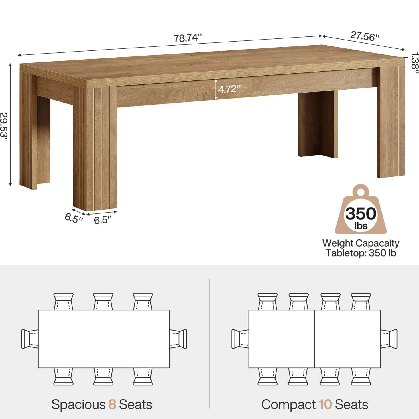 78.7" Dining Table, Rectangle Kitchen Dinner Table For 6