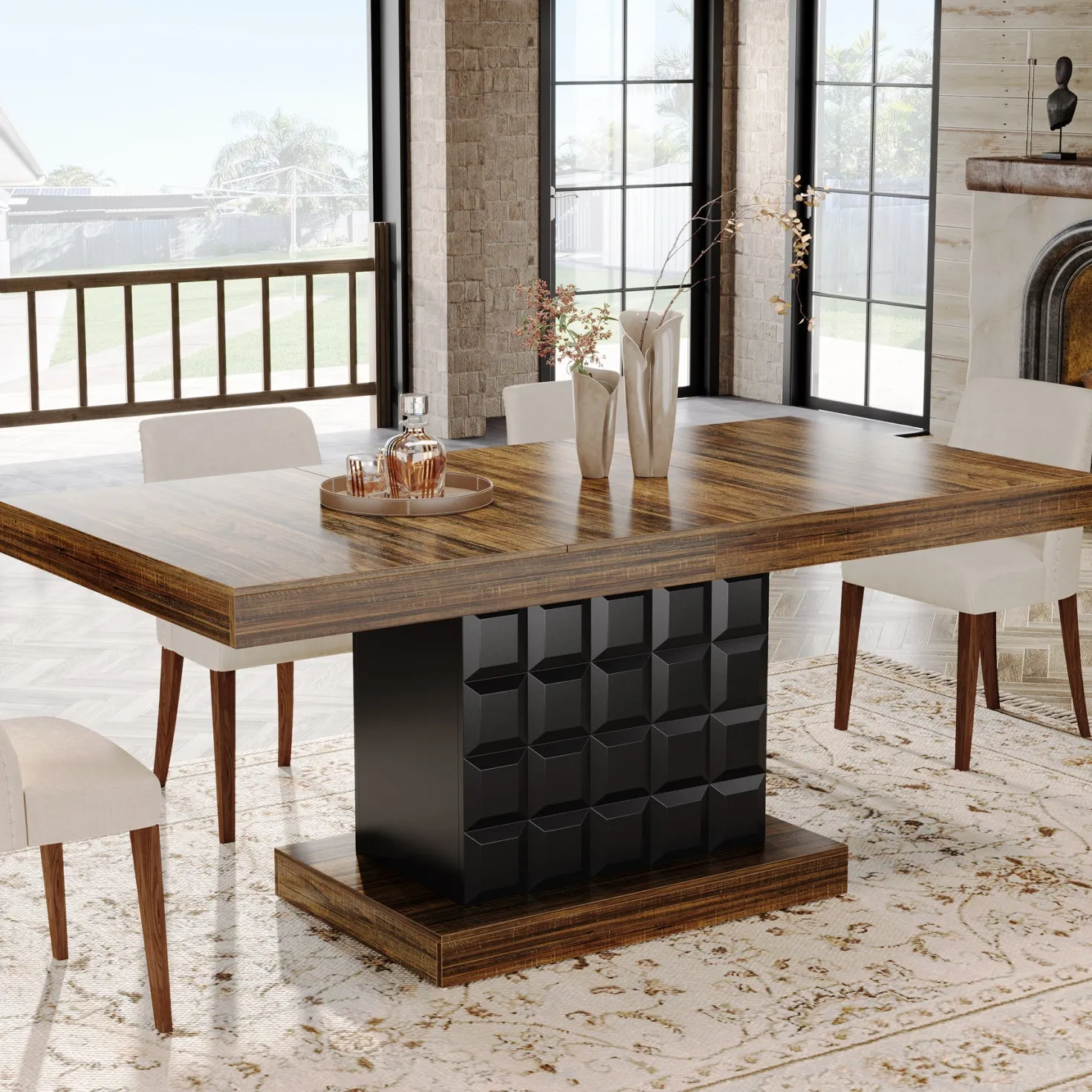 63" Dining Table, Rectangular Kitchen Table with Geometric Relief for 4-6