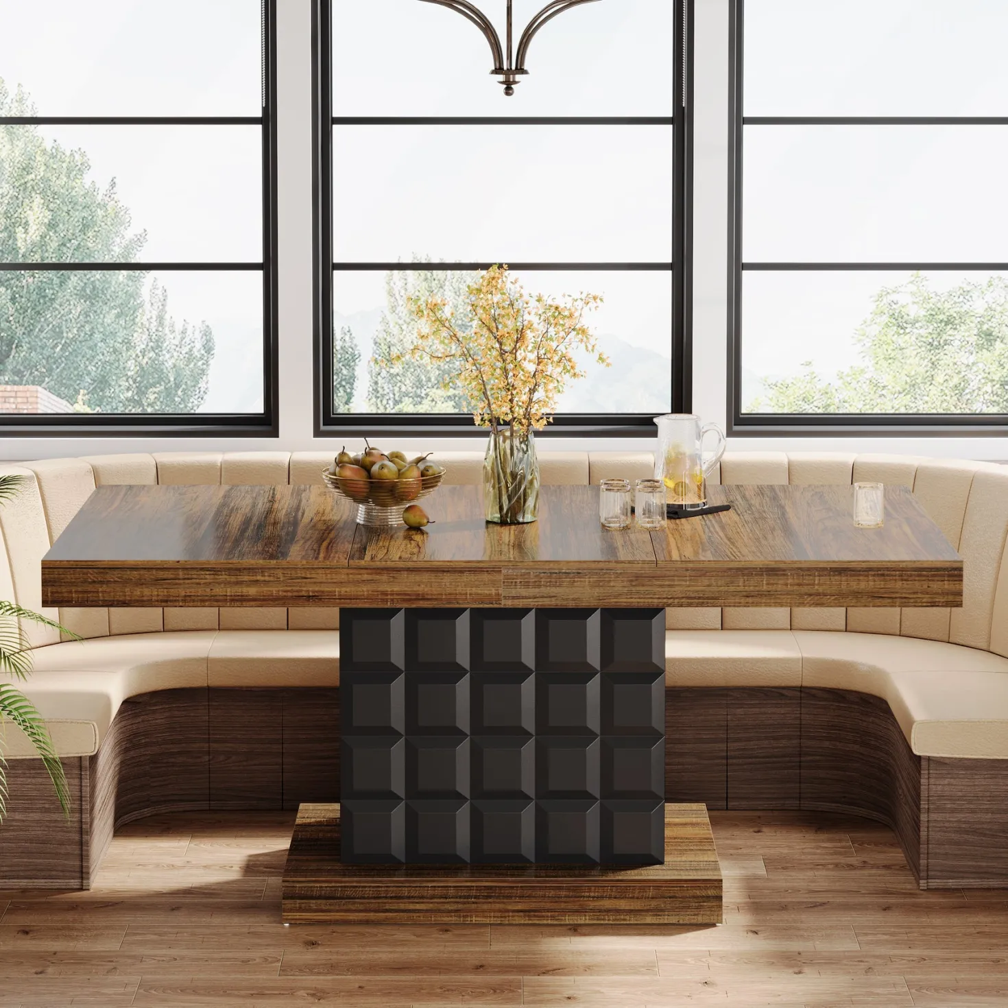 63" Dining Table, Rectangular Kitchen Table with Geometric Relief for 4-6