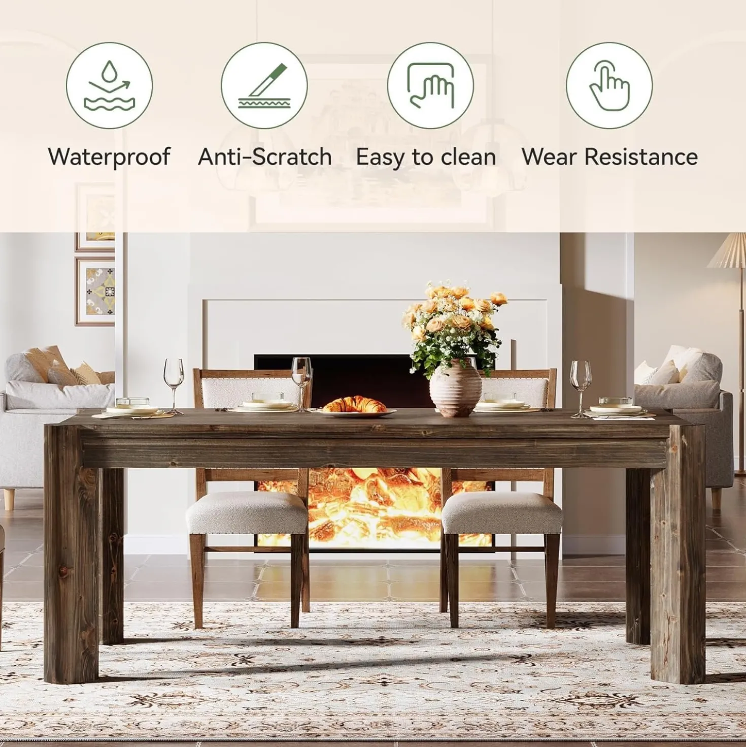 63" Dining Table, Solid Wood Kitchen Table with Heavy Duty Legs for 6 People
