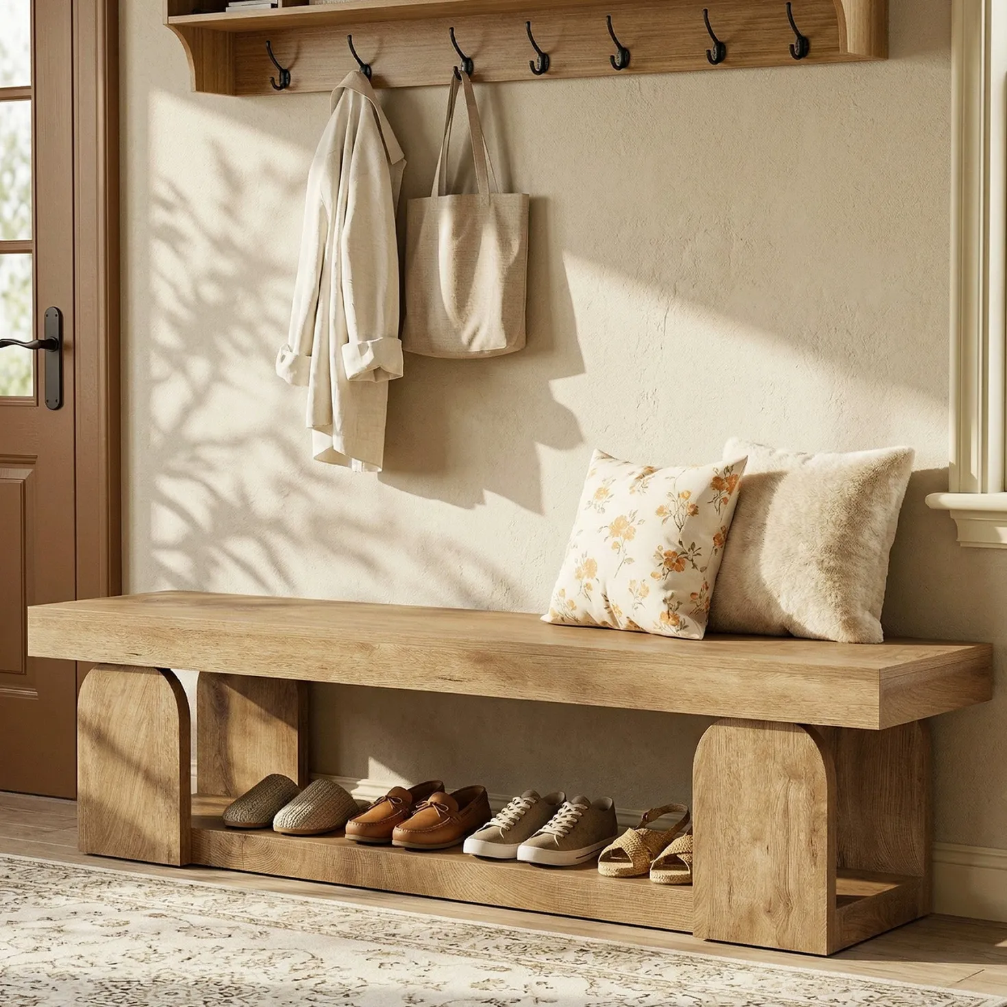 63" Entryway Bench, Farmhouse Shoe Bench with Storage Shelf for Bedroom, Hallway