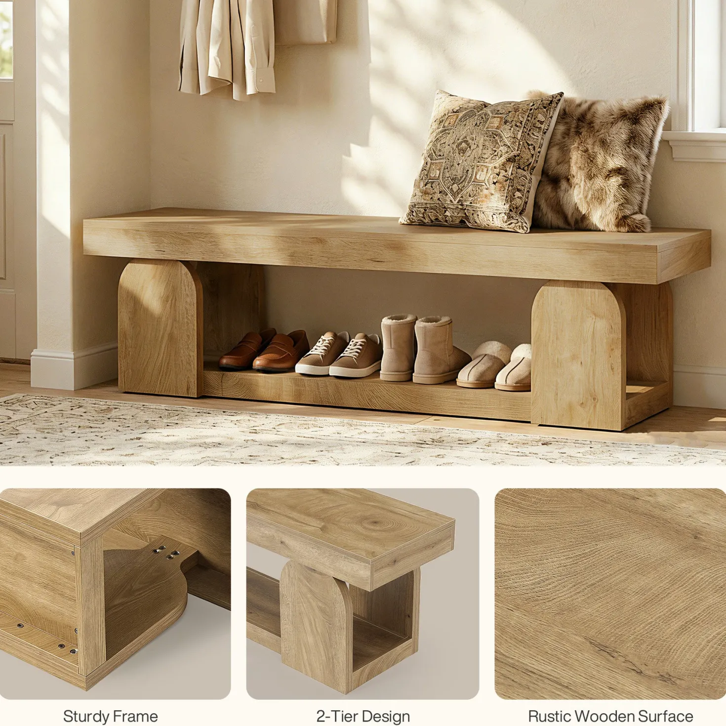 63" Entryway Bench, Farmhouse Shoe Bench with Storage Shelf for Bedroom, Hallway