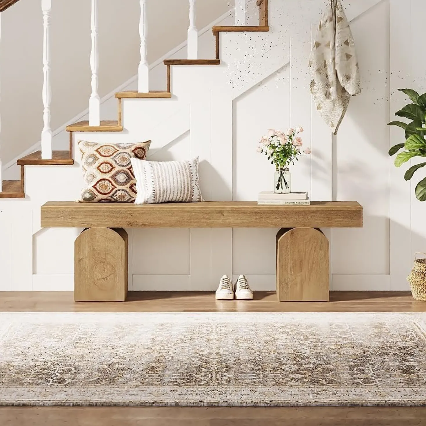 59" Entryway Bench, Long Shoe Bench with Arched Bases for Entry Way