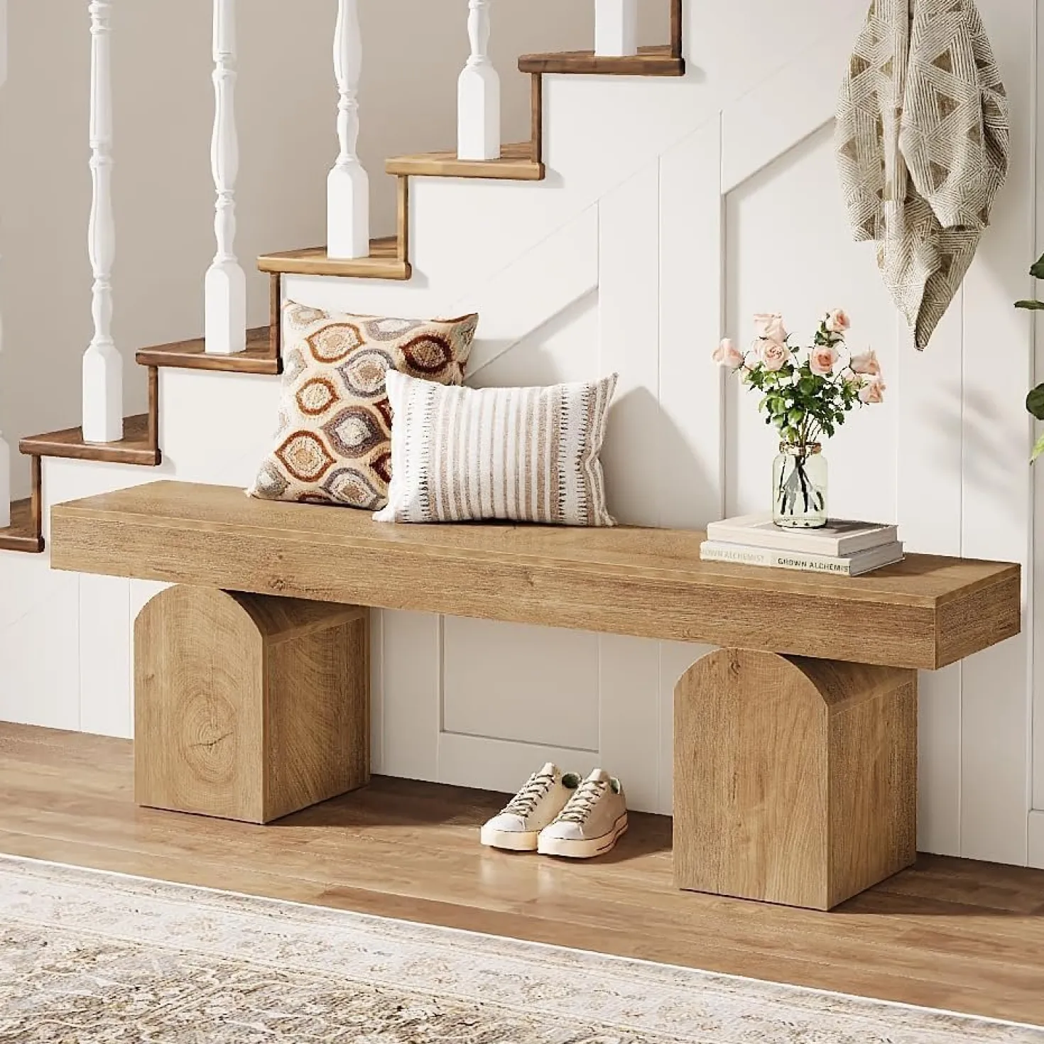 59" Entryway Bench, Long Shoe Bench with Arched Bases for Entry Way
