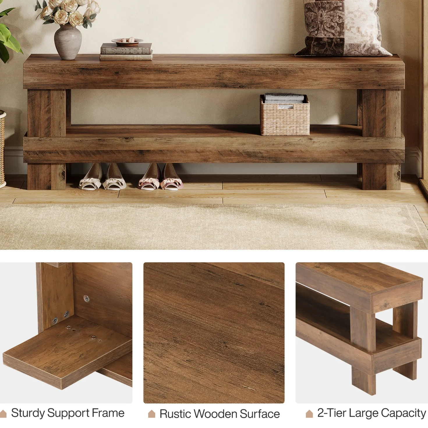 59" Entryway Bench, 2-Tier Shoe Bench Seat End of Bed Storage Benches