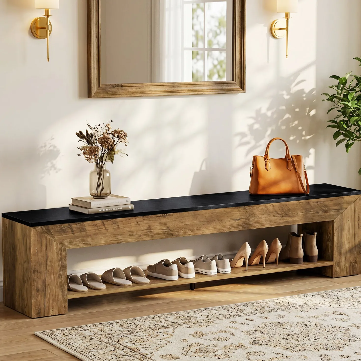 71" Entryway Bench with Shoe Storage, Farmhouse Shoe Bench with 2 Shelves