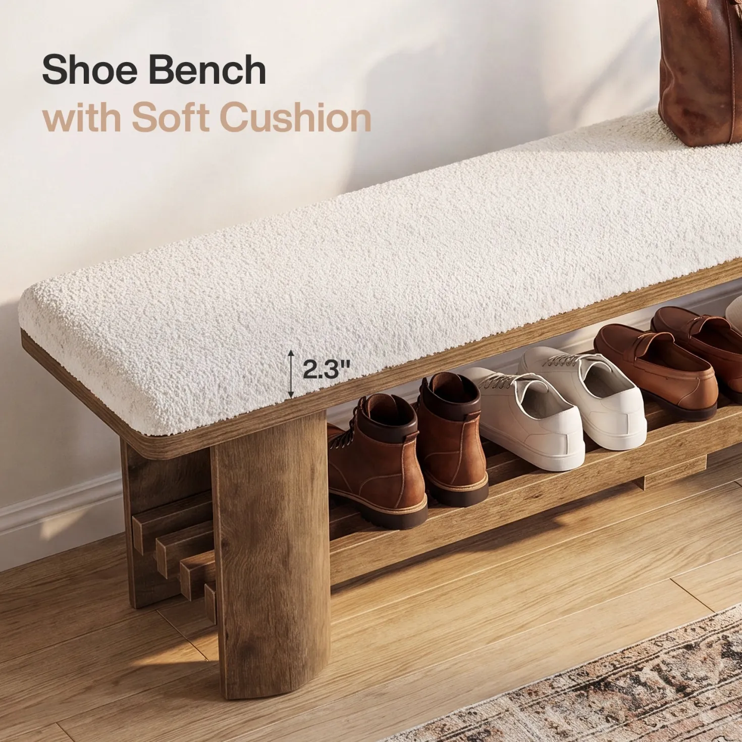 62.9" Entryway Bench with Storage, Upholstered Shoe Bench with Faux Lamb Wool Cushion