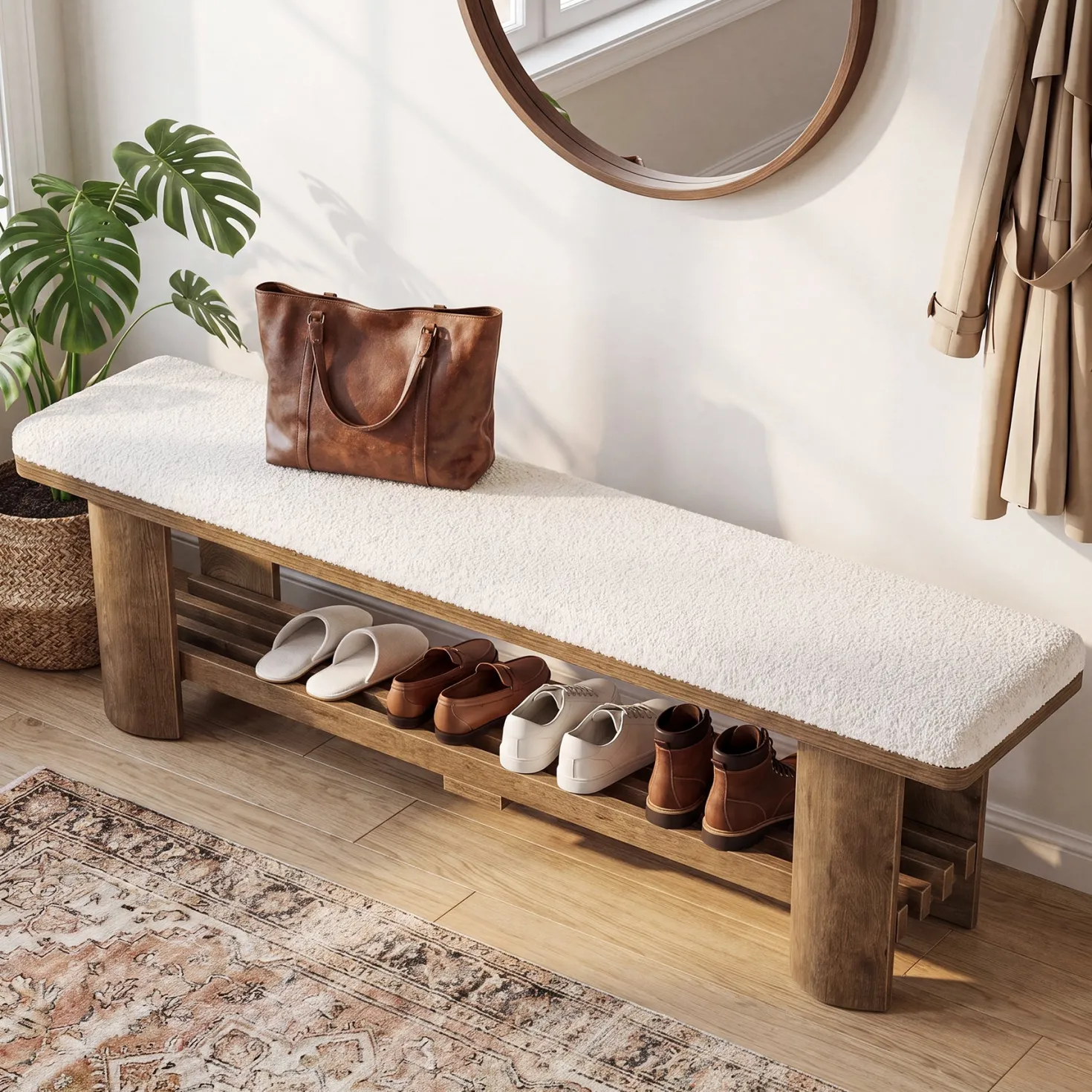 62.9" Entryway Bench with Storage, Upholstered Shoe Bench with Faux Lamb Wool Cushion