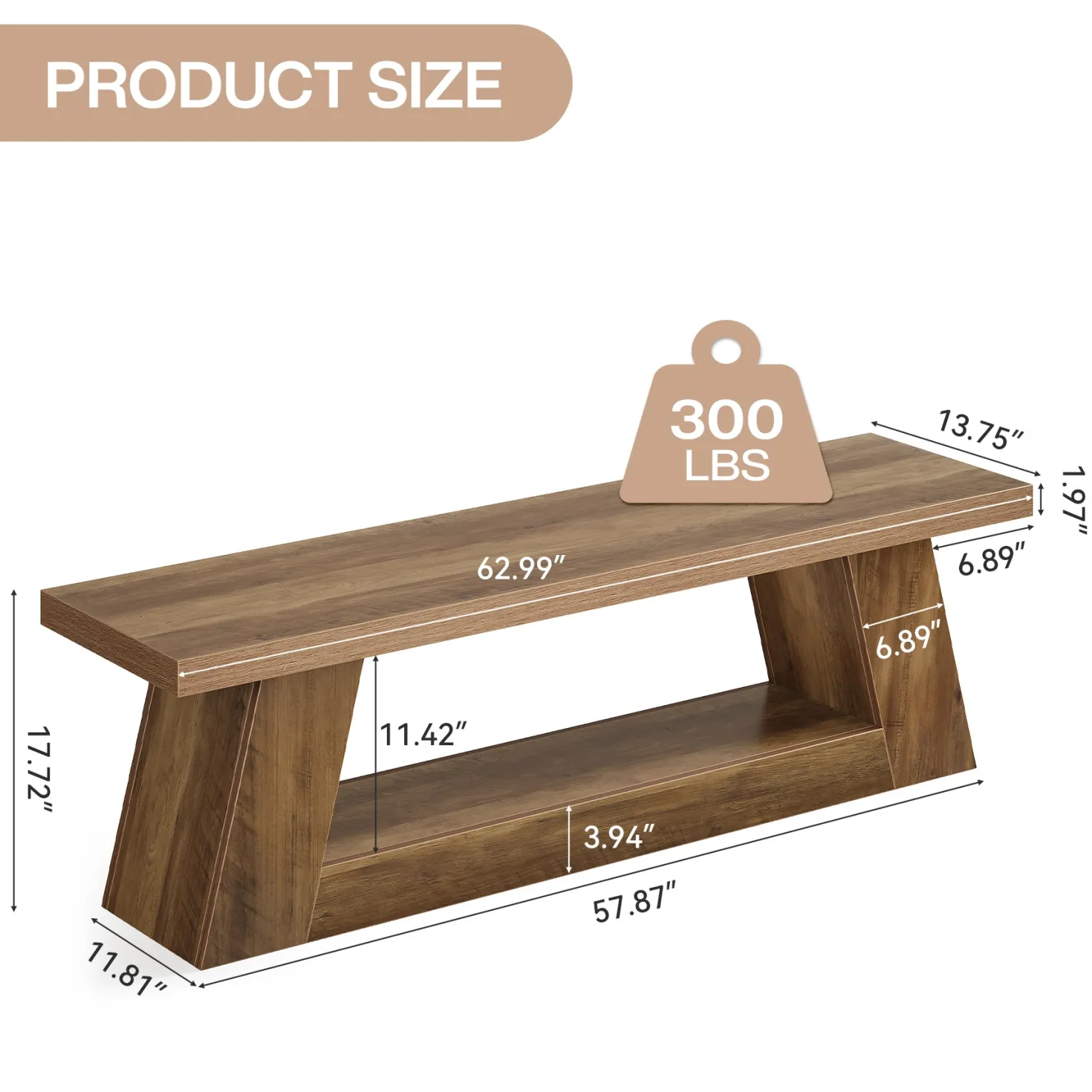 63" Entryway Bench with Storage Shelf, 2-Tier End of Bed Bench