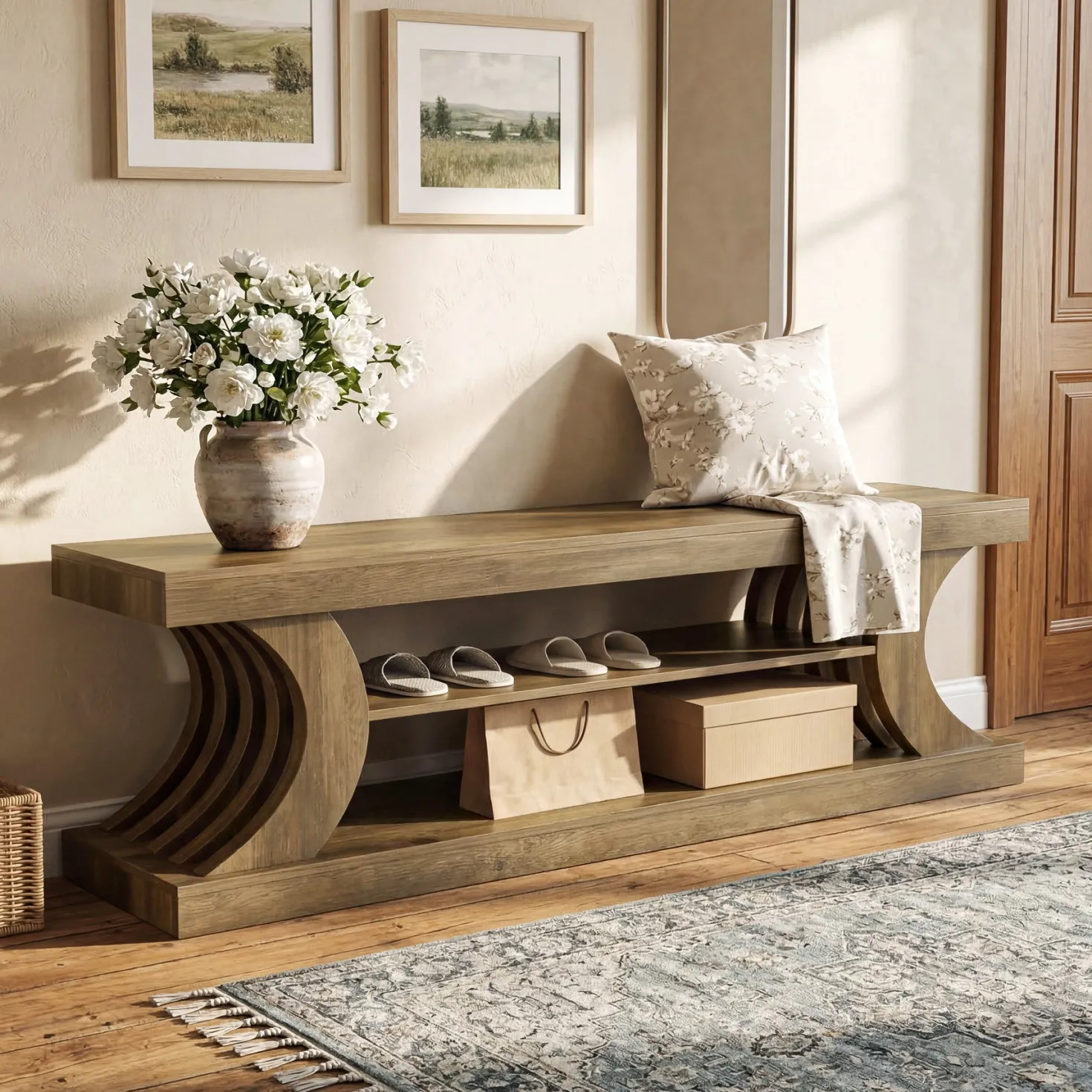 63" Entryway Bench, Wooden 3-Tier End of Bed Bench with Open Storage