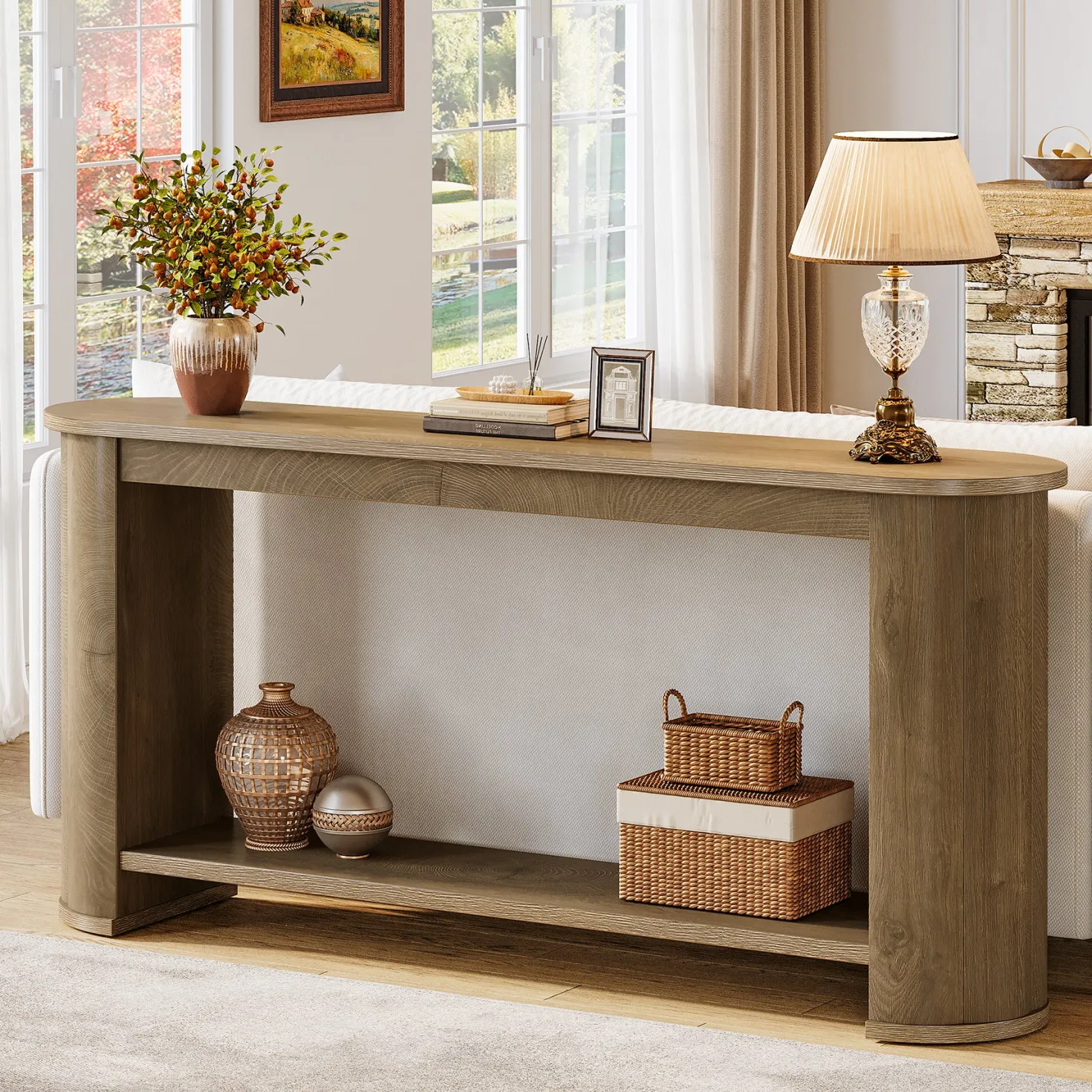 63" Entryway Console Table with Storage Shelf, Farmhouse Sofa Table for Living Room, Foyer, Hallway