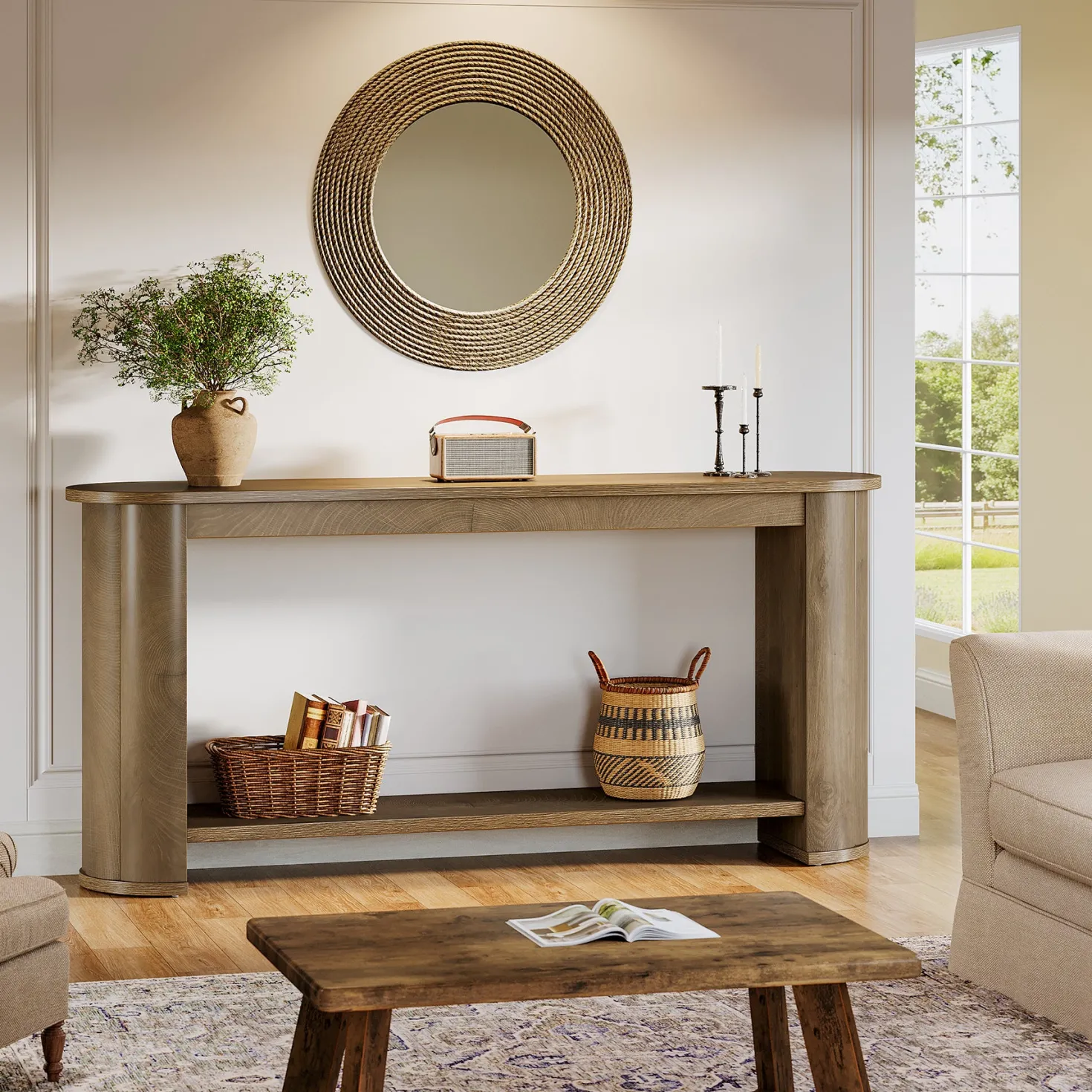 63" Entryway Console Table with Storage Shelf, Farmhouse Sofa Table for Living Room, Foyer, Hallway