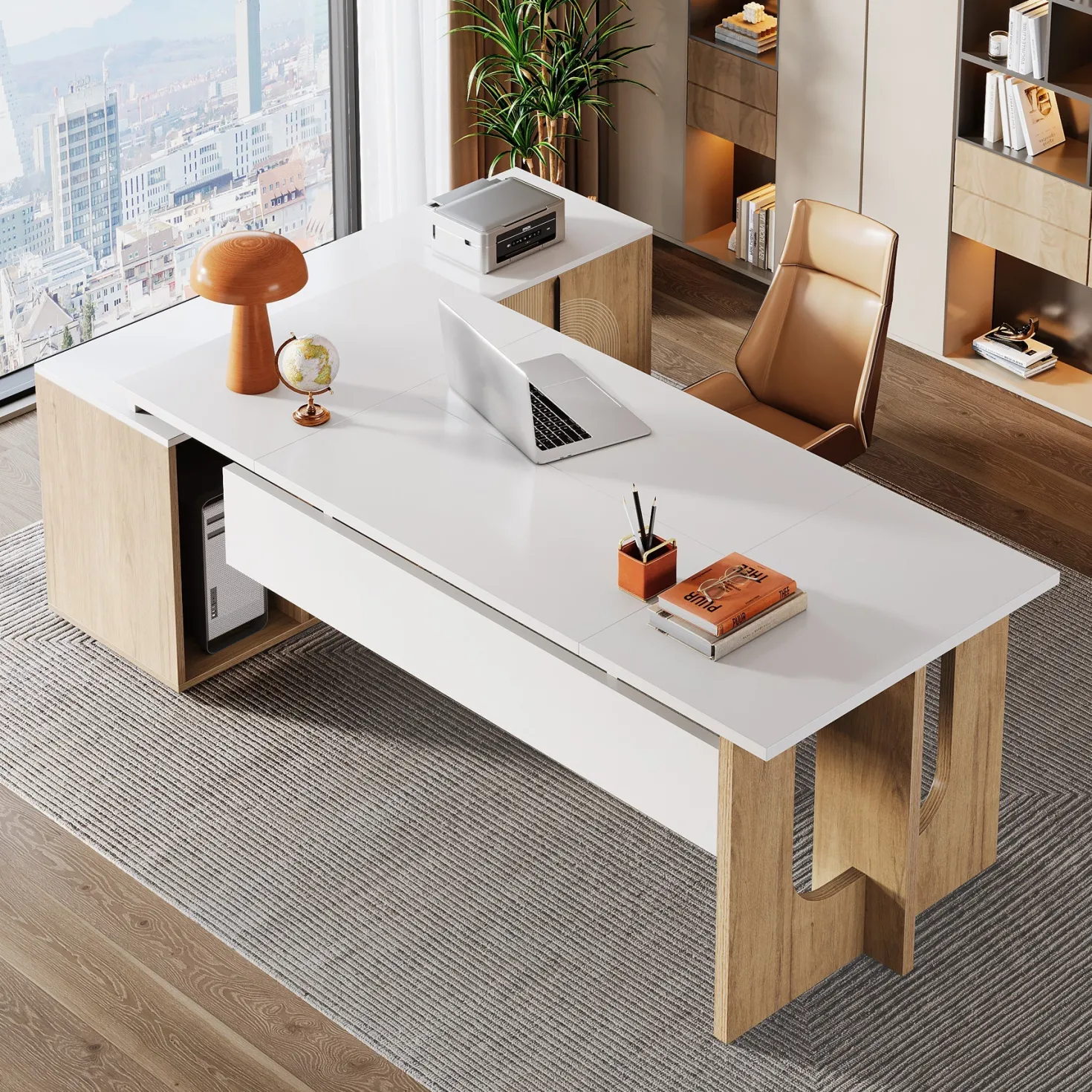 74" Executive Desk, L-Shaped Computer Desk Office Desk With Cabinet