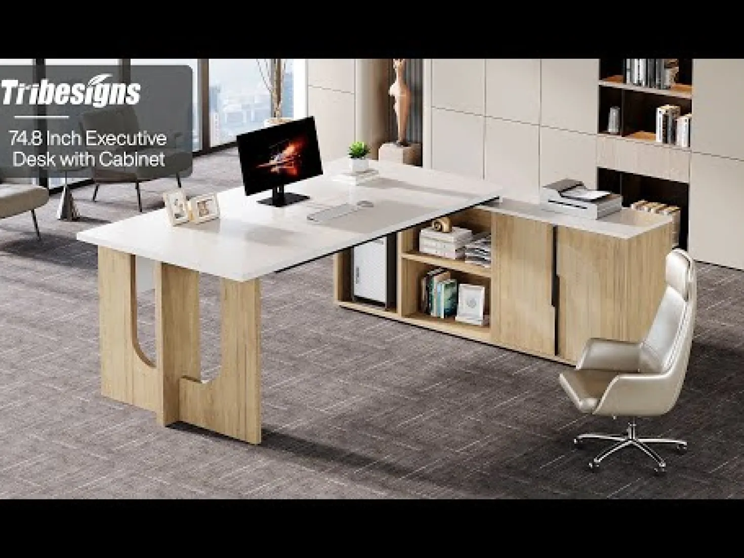 74" Executive Desk, L-Shaped Computer Desk Office Desk With Cabinet