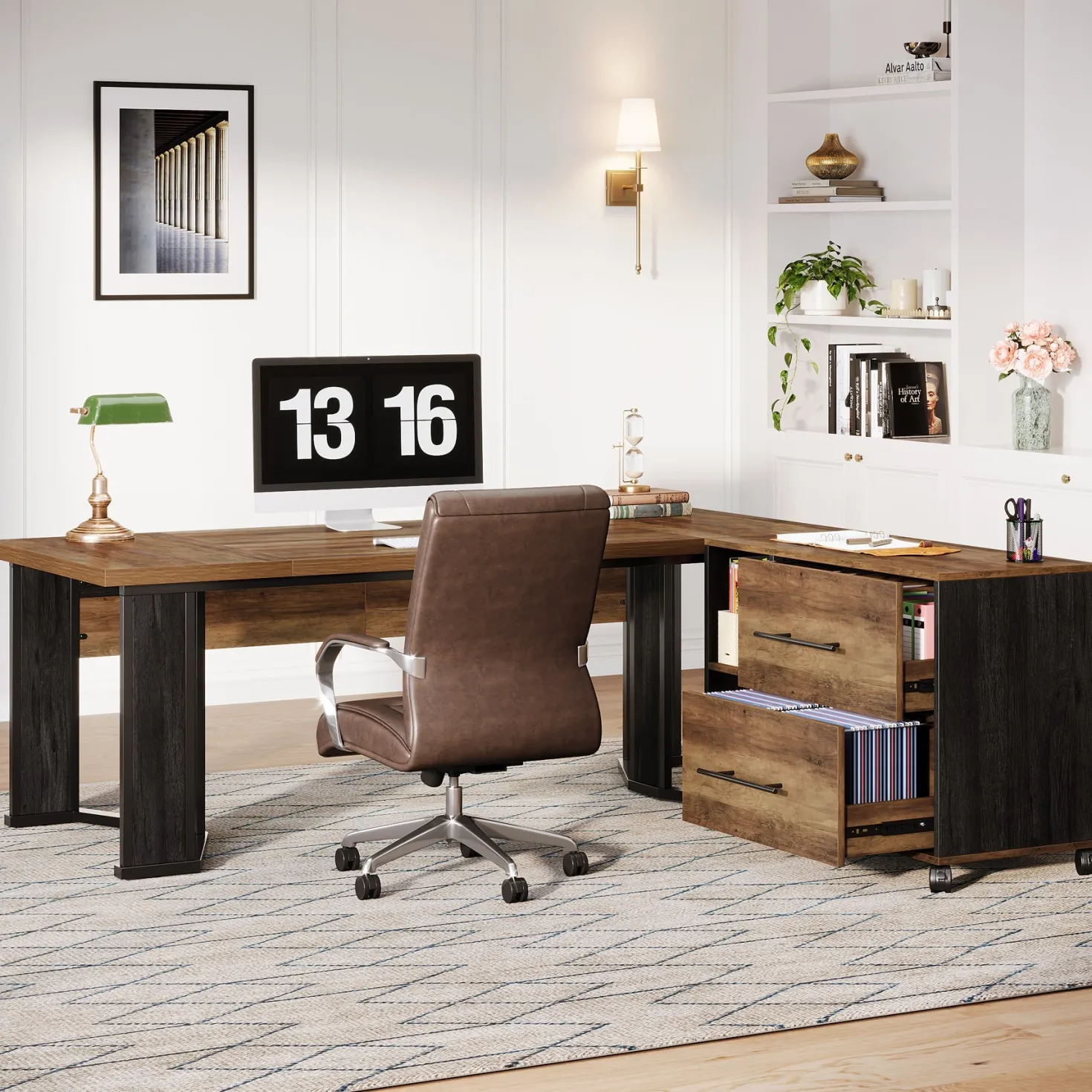 70.8" Executive Desk, L-Shaped Home Office Desk with File Cabinet