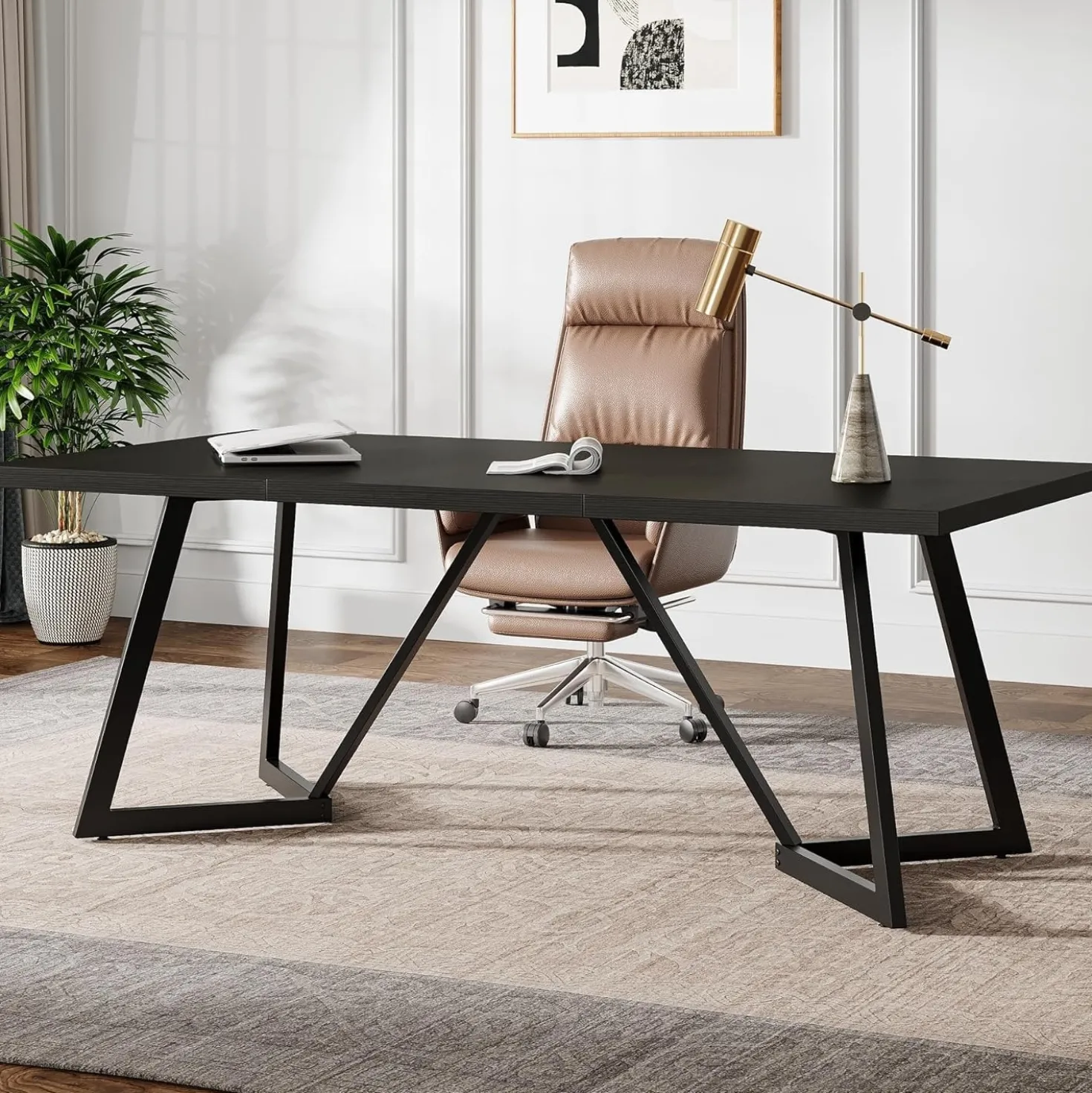 70.87" Executive Desk, Modern Computer Office Desk with Metal Frame