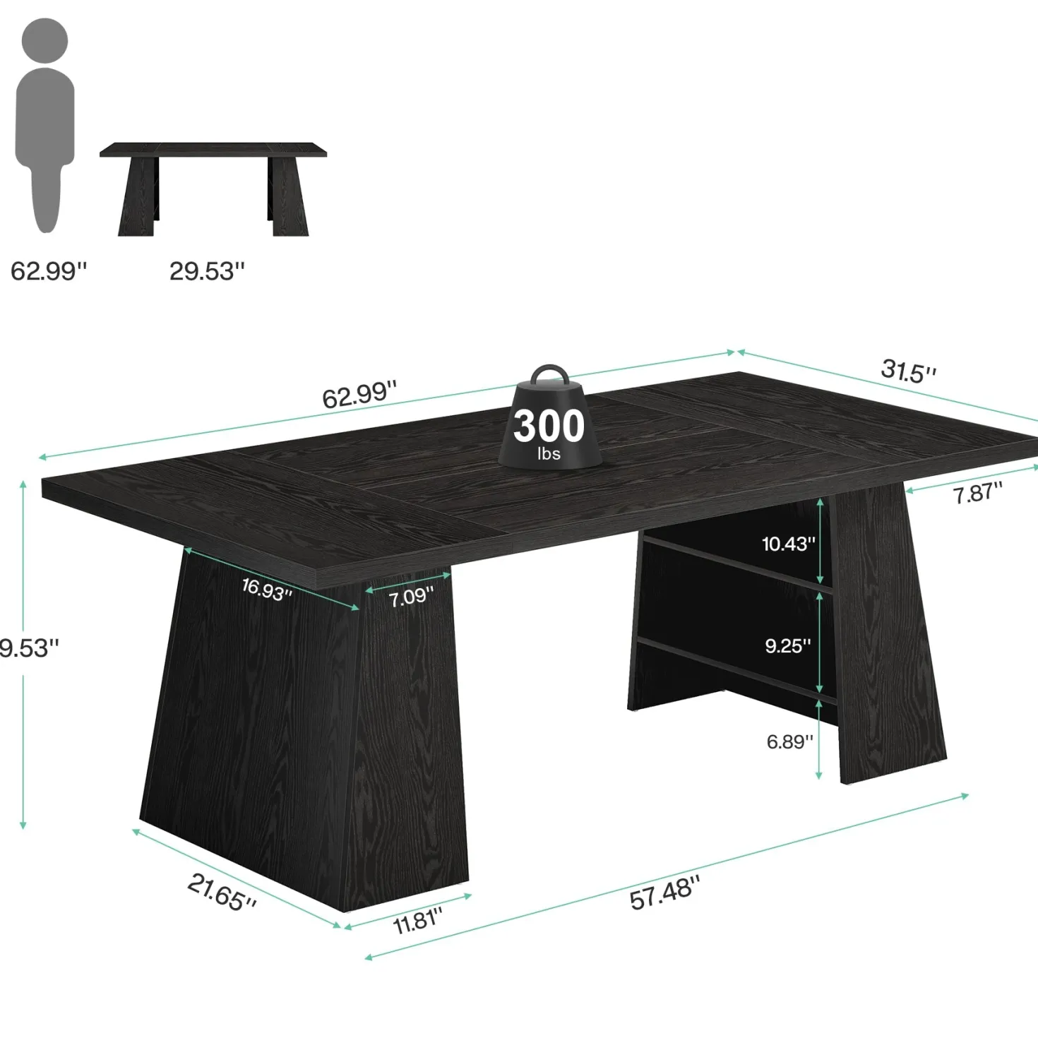 63" Executive Desk, Modern Computer Desk with Storage Shelves