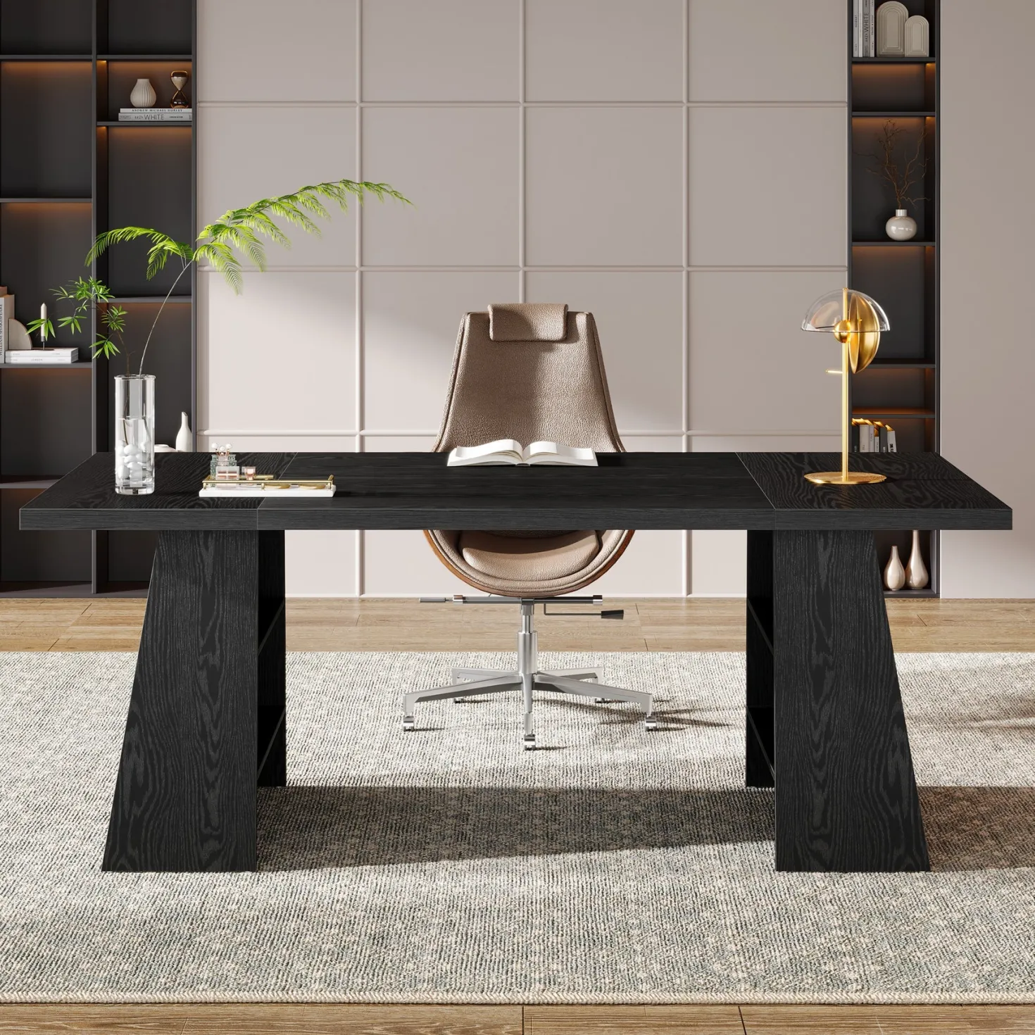 63" Executive Desk, Modern Computer Desk with Storage Shelves