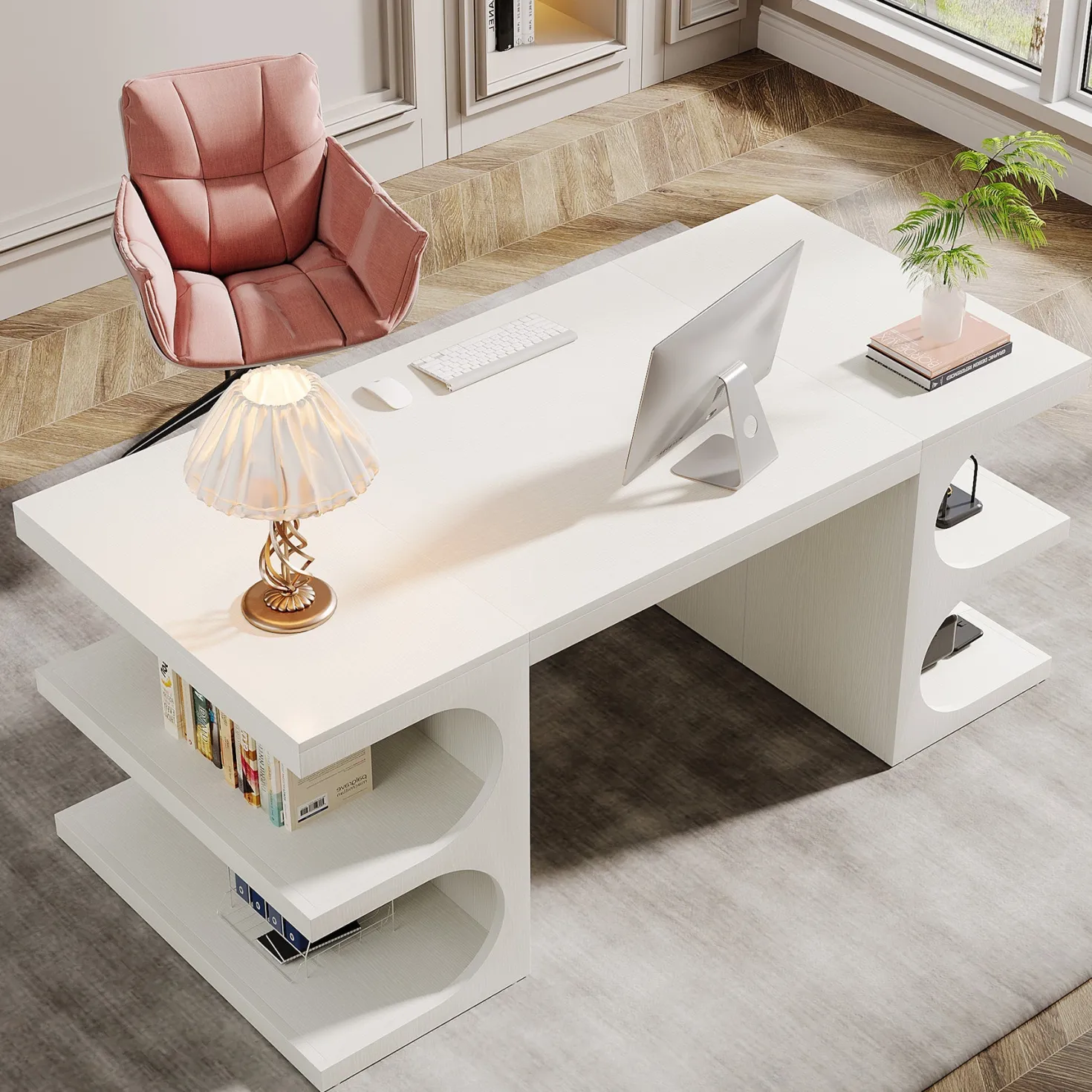 62" Executive Desk, Modern Office Computer Desk with Storage Shelves