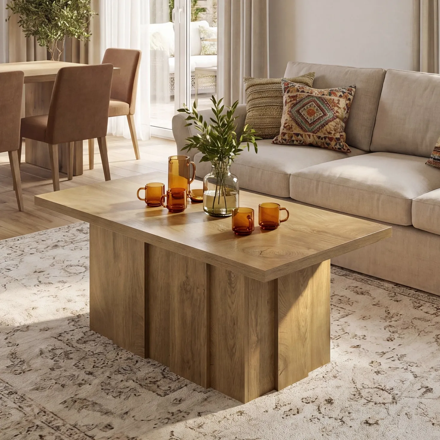 47" Farmhouse Coffee Table, Rectangular Tea Table with Fluted Base for Living Room