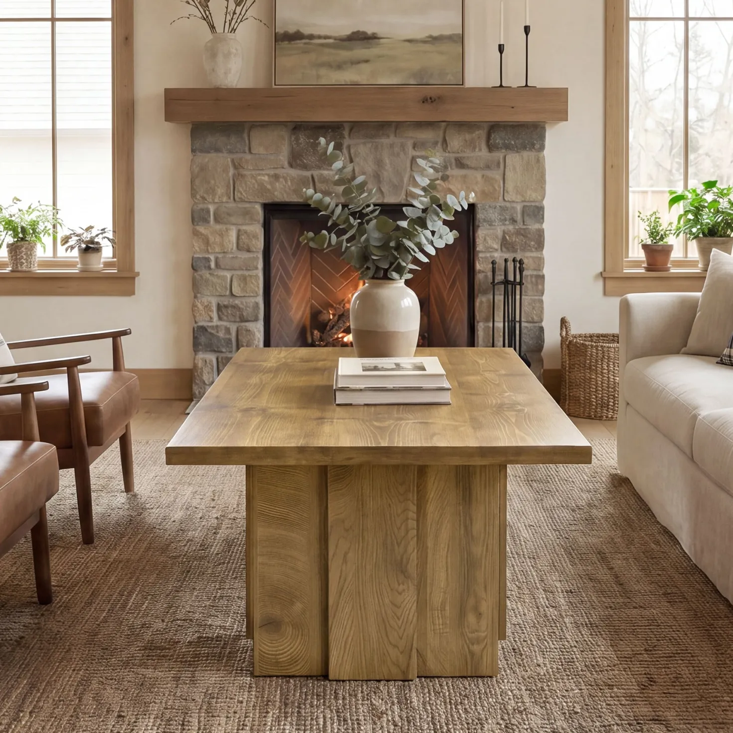 47" Farmhouse Coffee Table, Rectangular Tea Table with Fluted Base for Living Room
