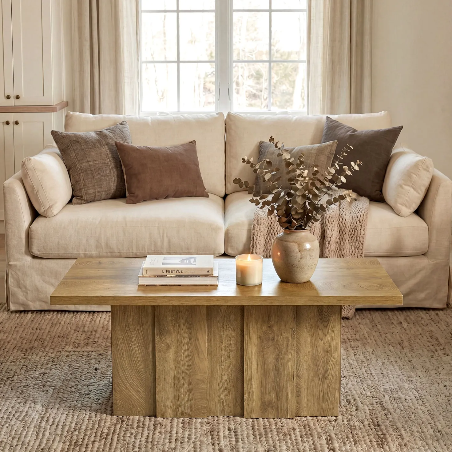 47" Farmhouse Coffee Table, Rectangular Tea Table with Fluted Base for Living Room