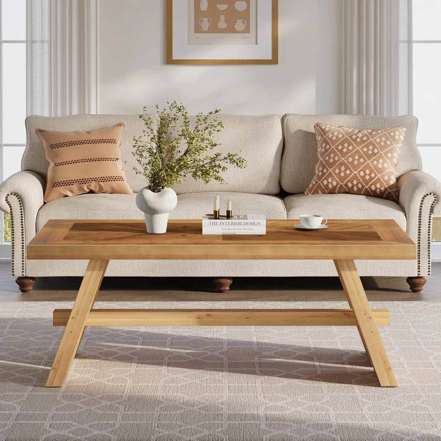 47" Farmhouse Coffee Table, Wood Rectangle Center Table with Geometric Grain Pattern