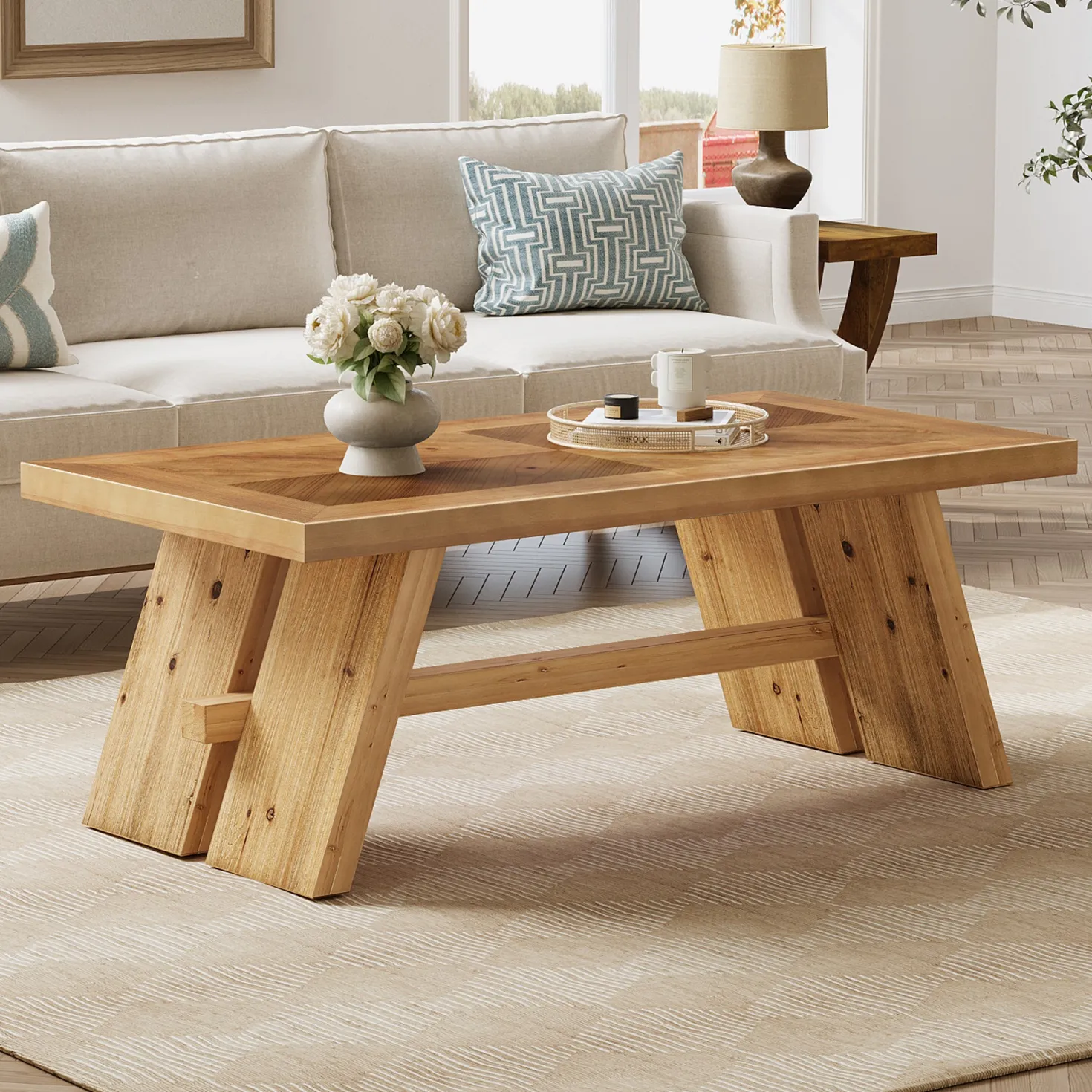 47" Farmhouse Coffee Table, Wood Rectangle Center Table with Geometric Grain Pattern
