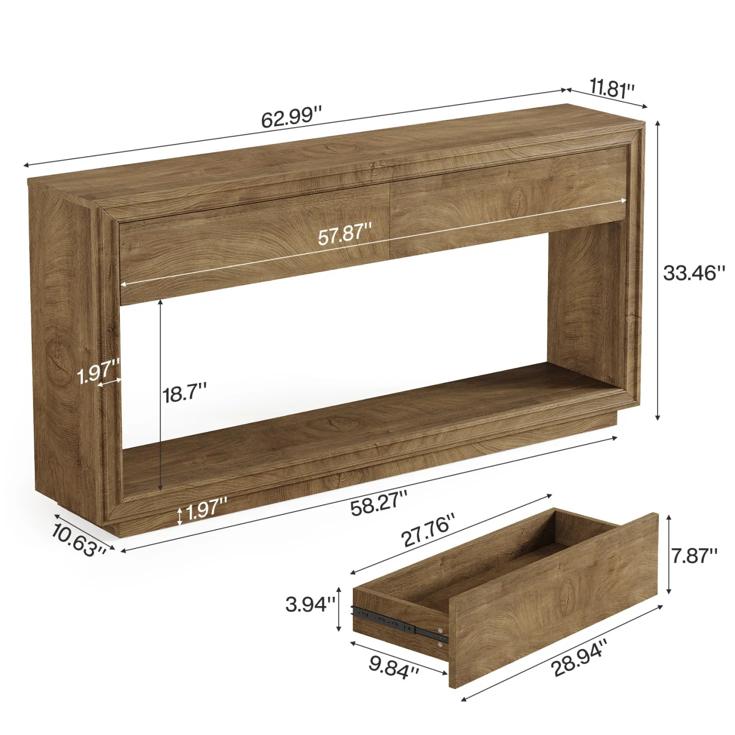 63" Farmhouse Console Table with 2 Drawers and Shelf, Wooden Entryway Sofa Table for Hallway, Foyer, or Behind Couch