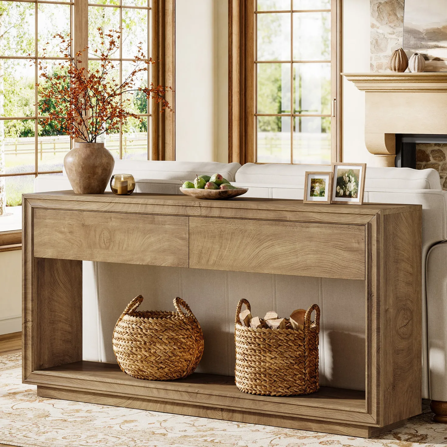 63" Farmhouse Console Table with 2 Drawers and Shelf, Wooden Entryway Sofa Table for Hallway, Foyer, or Behind Couch