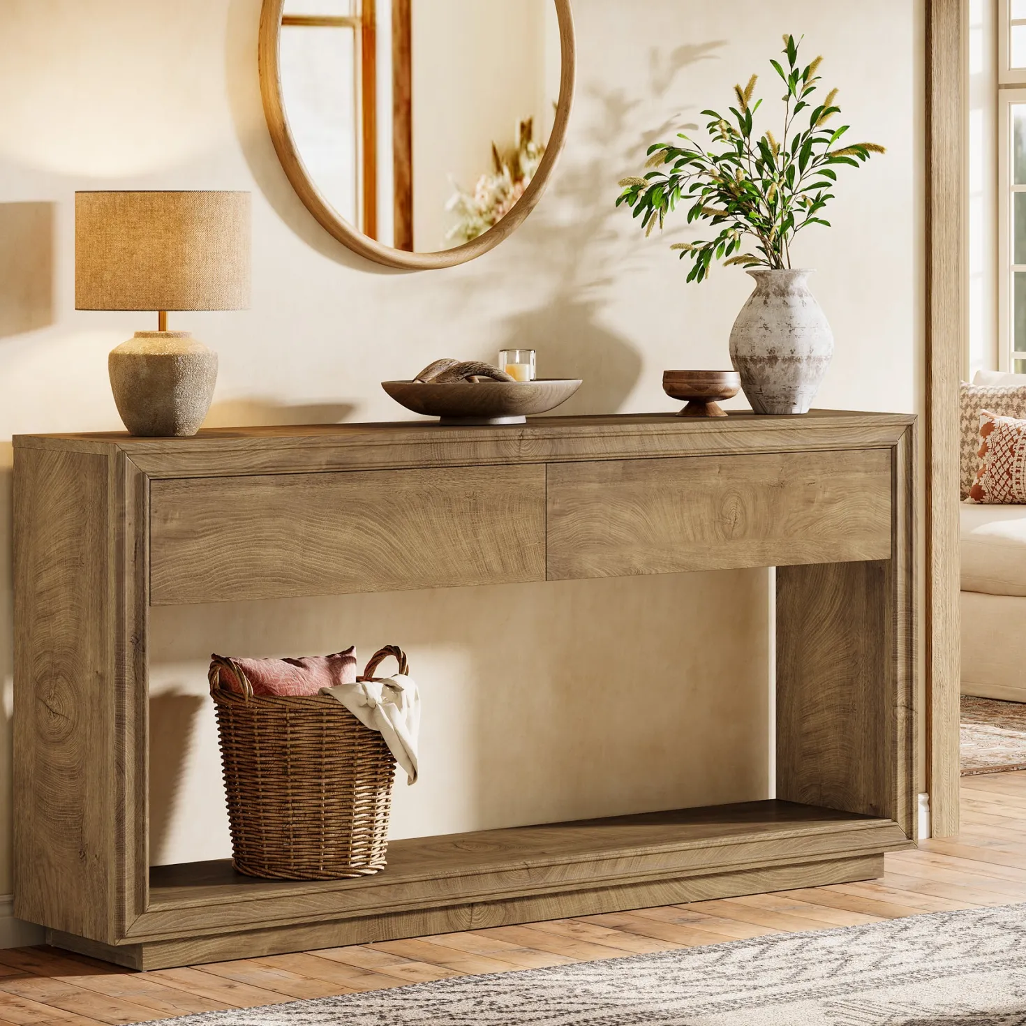 63" Farmhouse Console Table with 2 Drawers and Shelf, Wooden Entryway Sofa Table for Hallway, Foyer, or Behind Couch