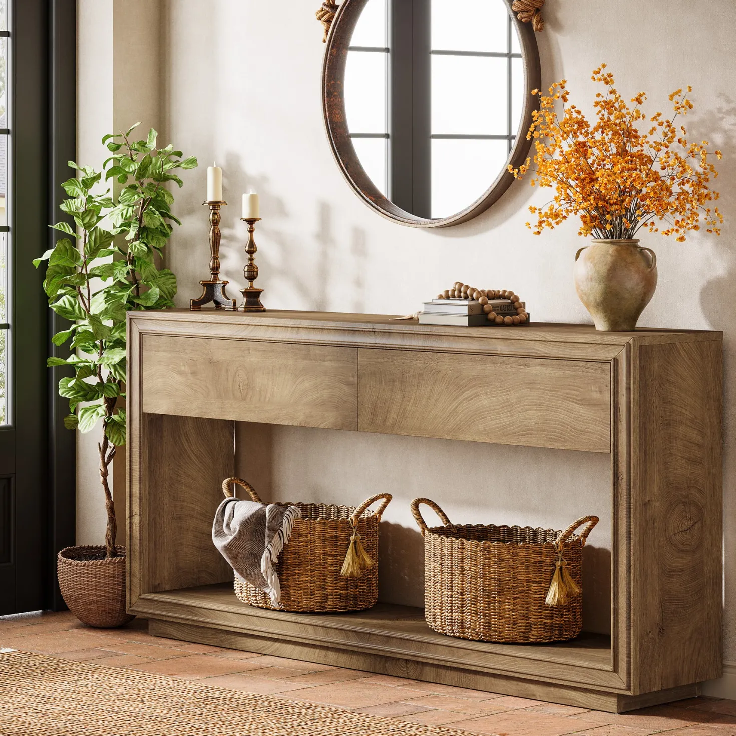 63" Farmhouse Console Table with 2 Drawers and Shelf, Wooden Entryway Sofa Table for Hallway, Foyer, or Behind Couch