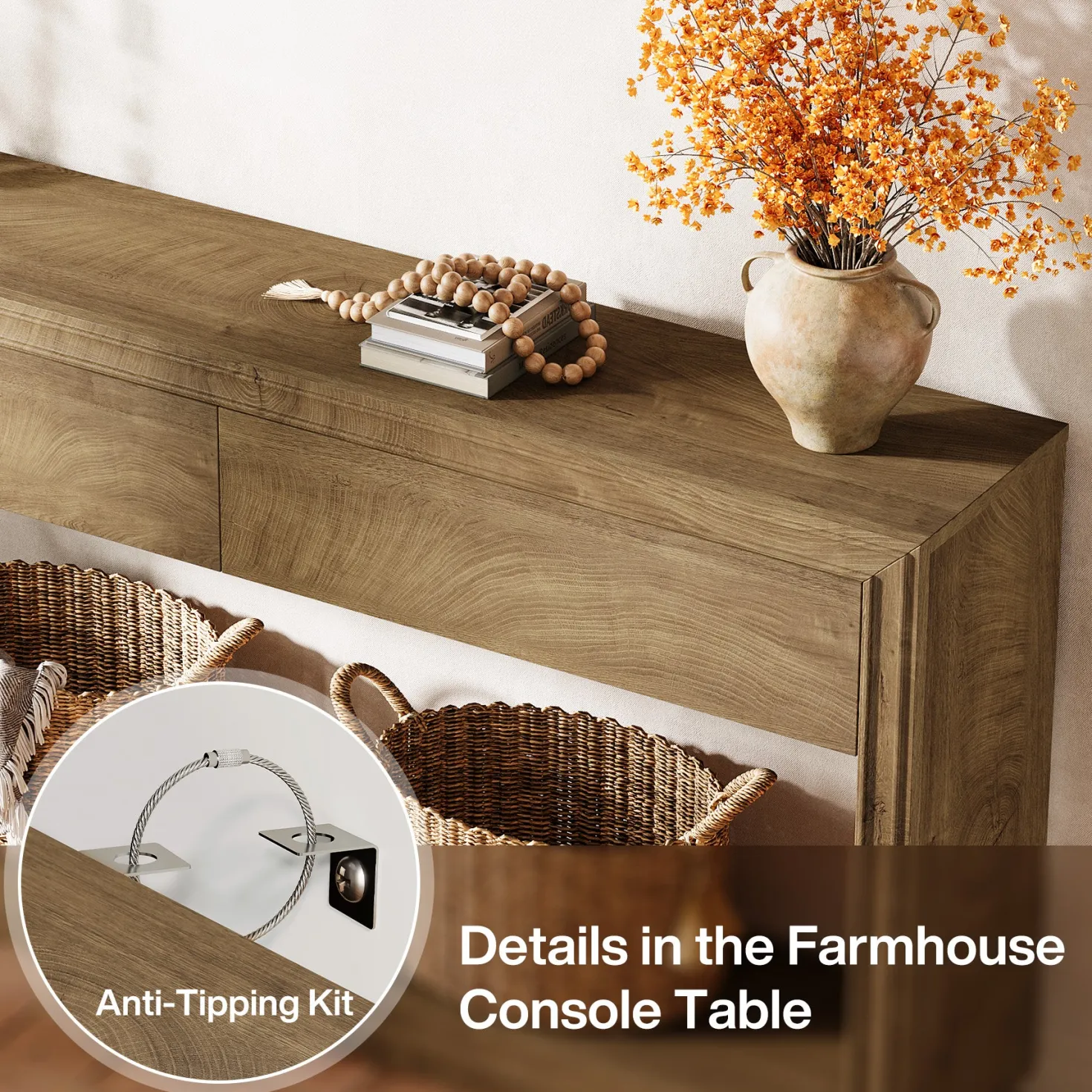 63" Farmhouse Console Table with 2 Drawers and Shelf, Wooden Entryway Sofa Table for Hallway, Foyer, or Behind Couch