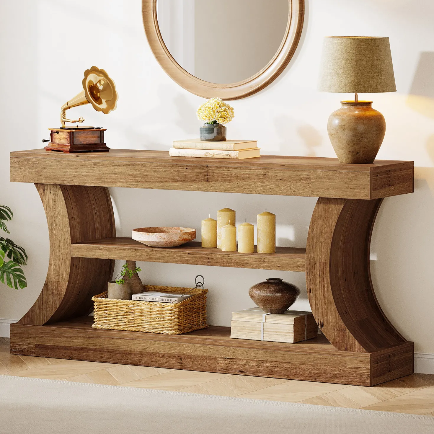63" Farmhouse Console Table with Storage, Curved Entryway Sofa Table & TV Console with 3-Tier Shelves