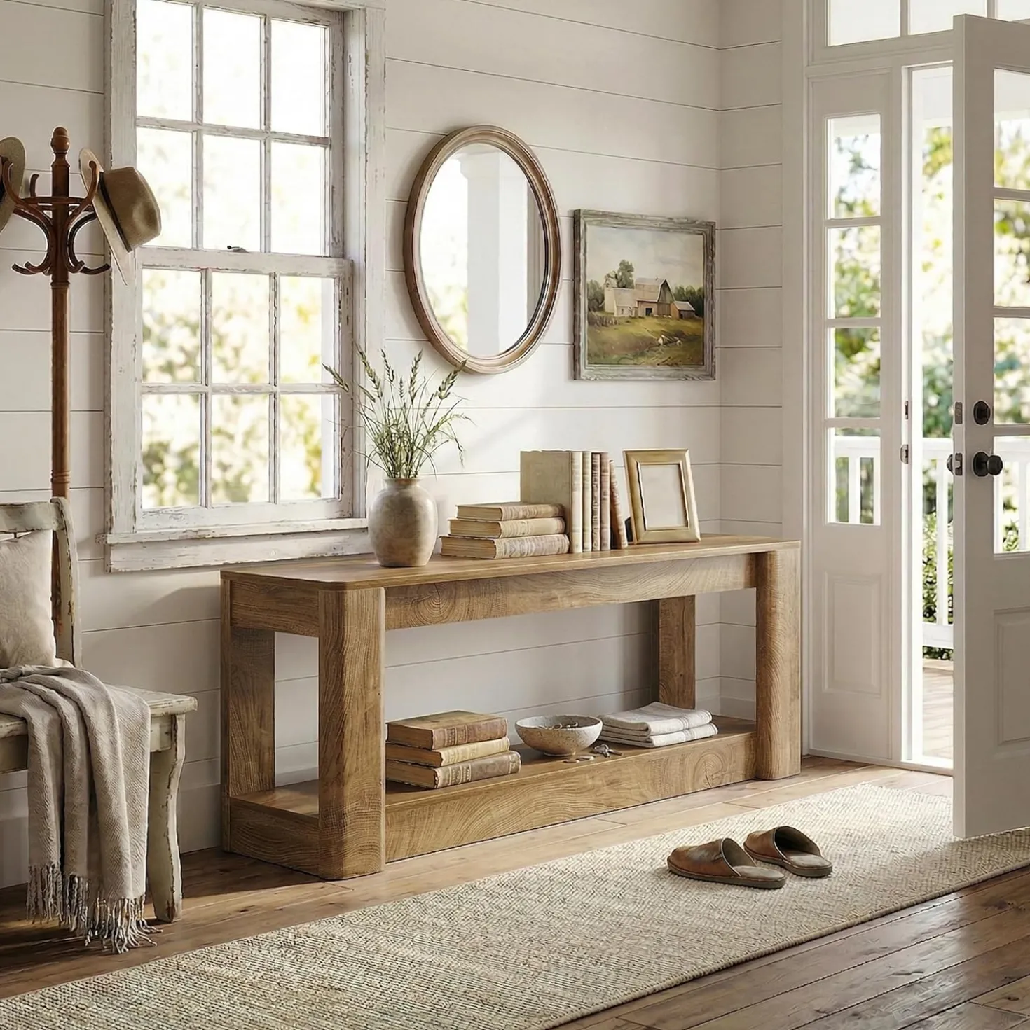 63" Farmhouse Console Table, Narrow Entryway & Sofa Table with Open Lower Shelf