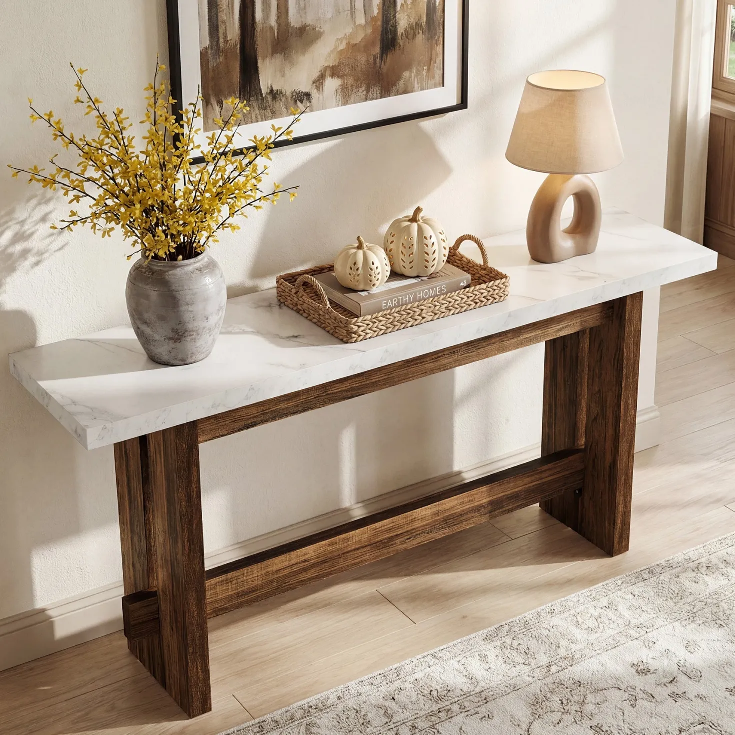 63" Farmhouse Console Table with Faux Marble Top, Narrow Sofa & Entryway Table for Behind Couch