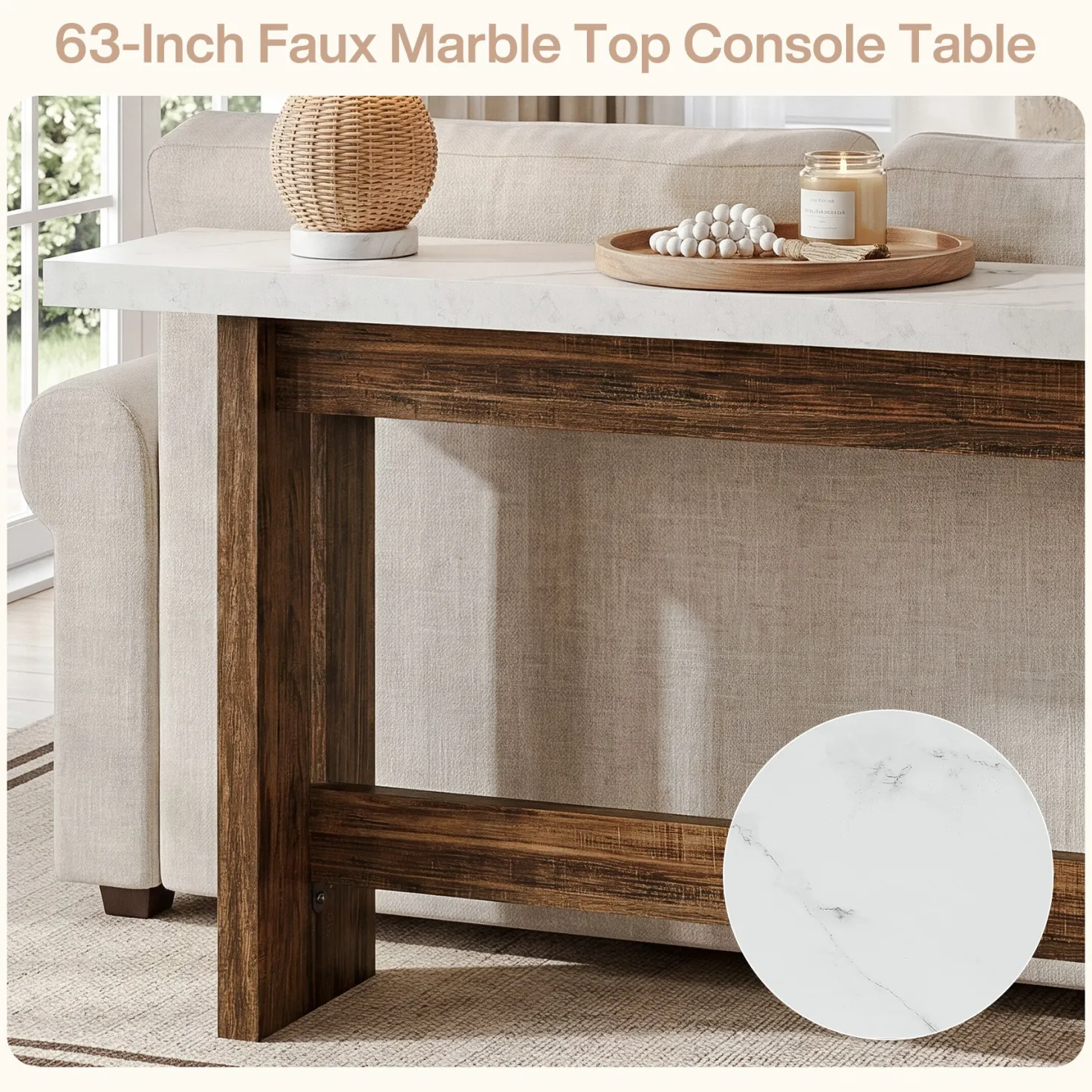 63" Farmhouse Console Table with Faux Marble Top, Narrow Sofa & Entryway Table for Behind Couch
