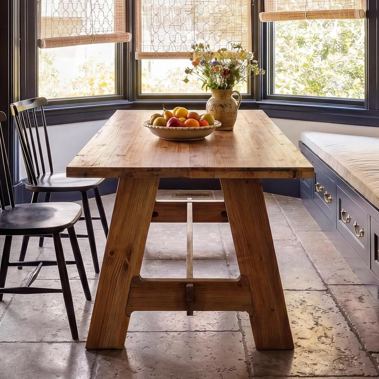 63" Farmhouse Dining Table , Natural Wood Rectangle Kitchen Table with Sturdy Trestle Base for 4-6