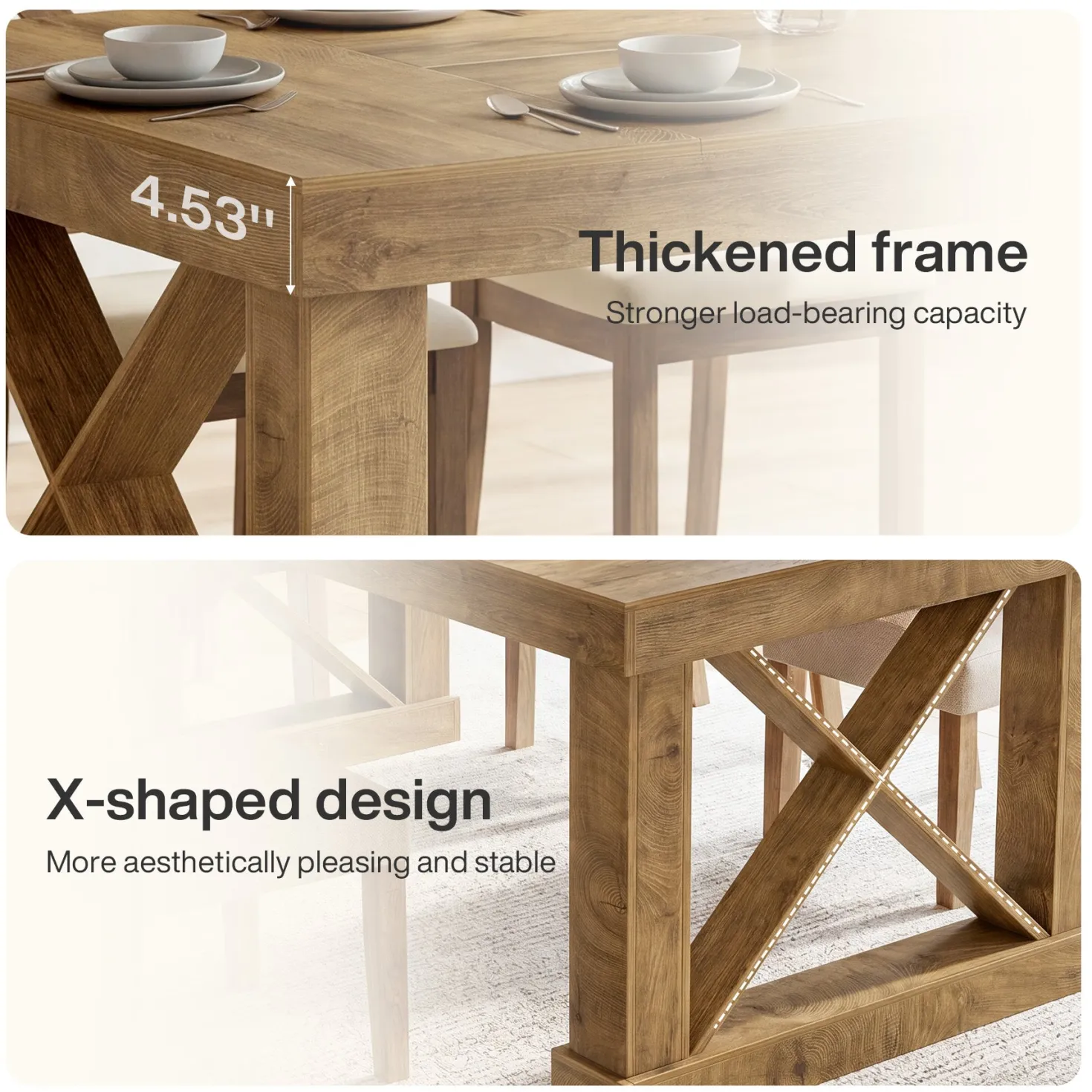 63" Farmhouse Dining Table for 4-6 People, Rectangular Wood Kitchen Table with Heavy-Duty X Legs