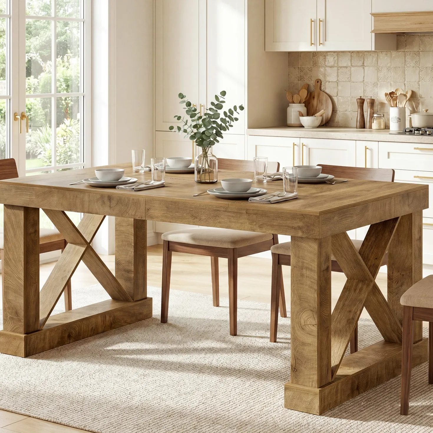 63" Farmhouse Dining Table for 4-6 People, Rectangular Wood Kitchen Table with Heavy-Duty X Legs