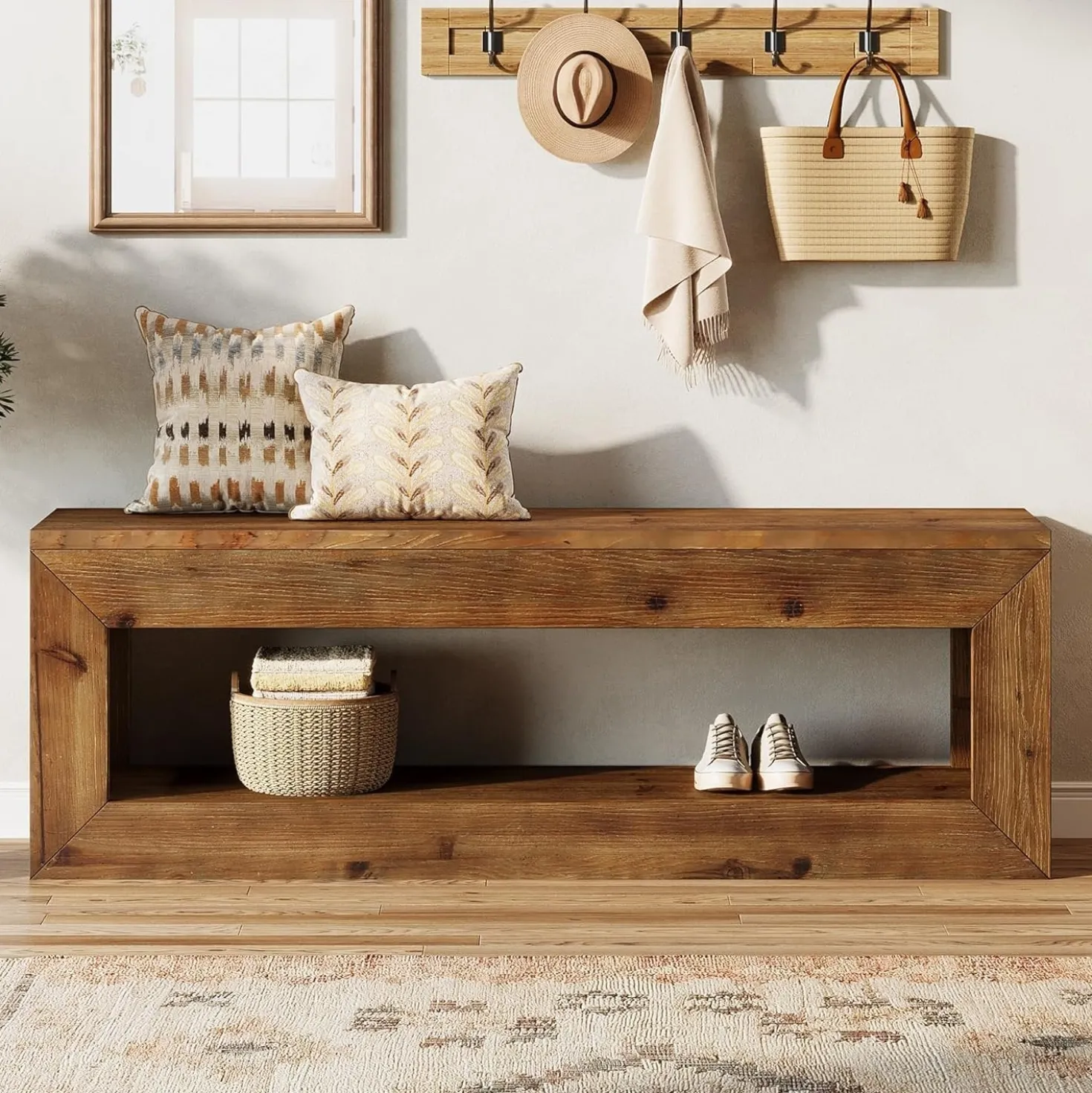 47" Farmhouse Entryway Bench, 47" Solid Wood Indoor Bench Seat with Storage