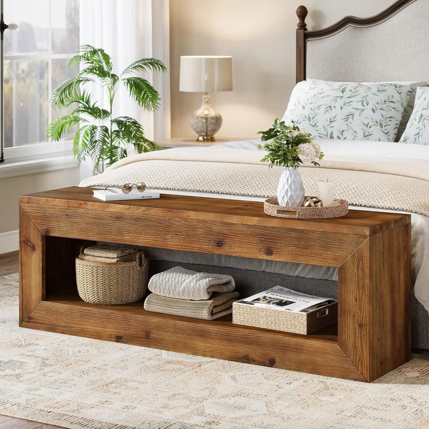 47" Farmhouse Entryway Bench, 47" Solid Wood Indoor Bench Seat with Storage
